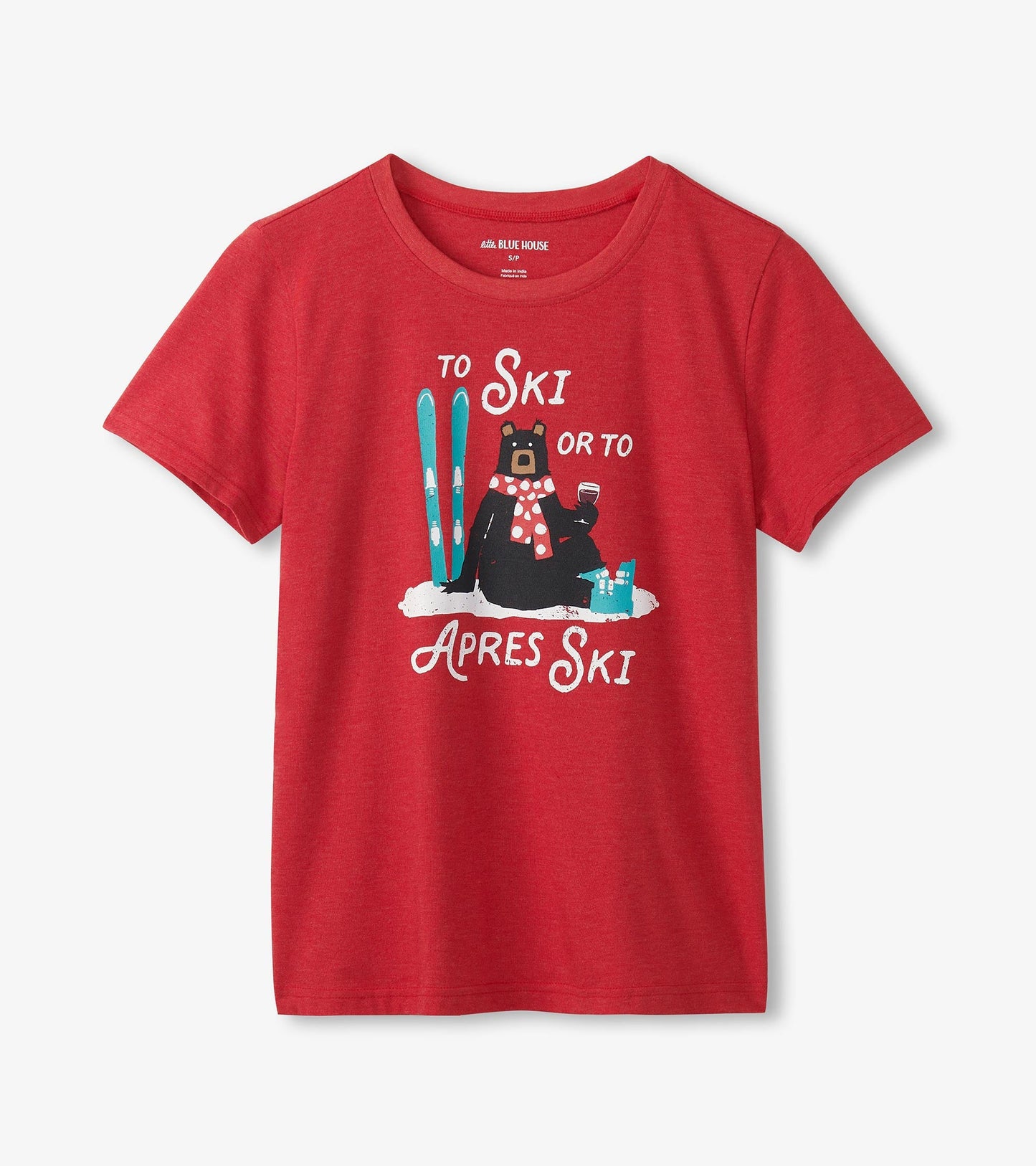 Red pajama tee featuring a bear with skis and a drink, text reads "To Ski or To Apres Ski," short sleeves.