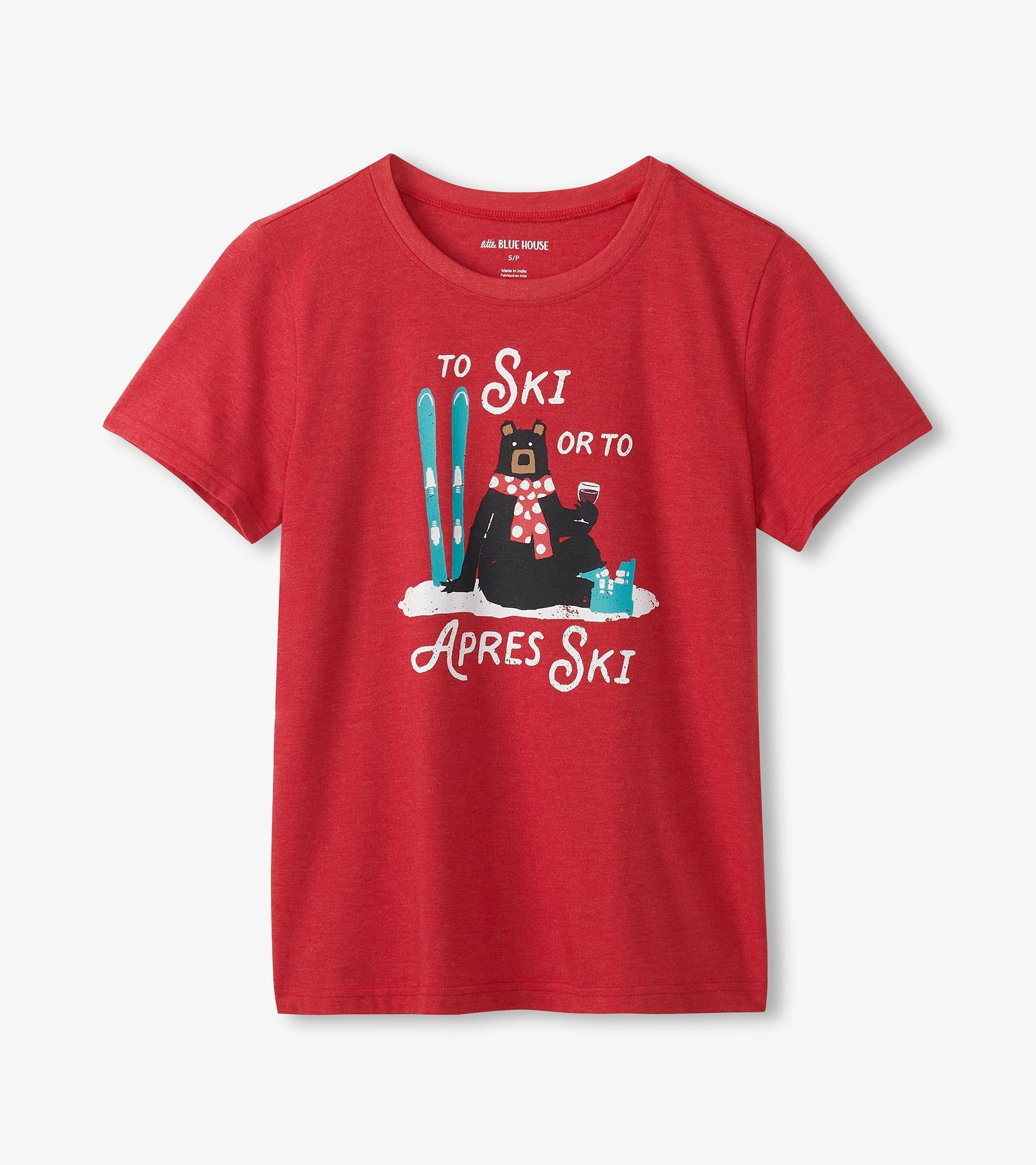 Red pajama tee featuring a bear with skis and a drink, text reads "To Ski or To Apres Ski," short sleeves.