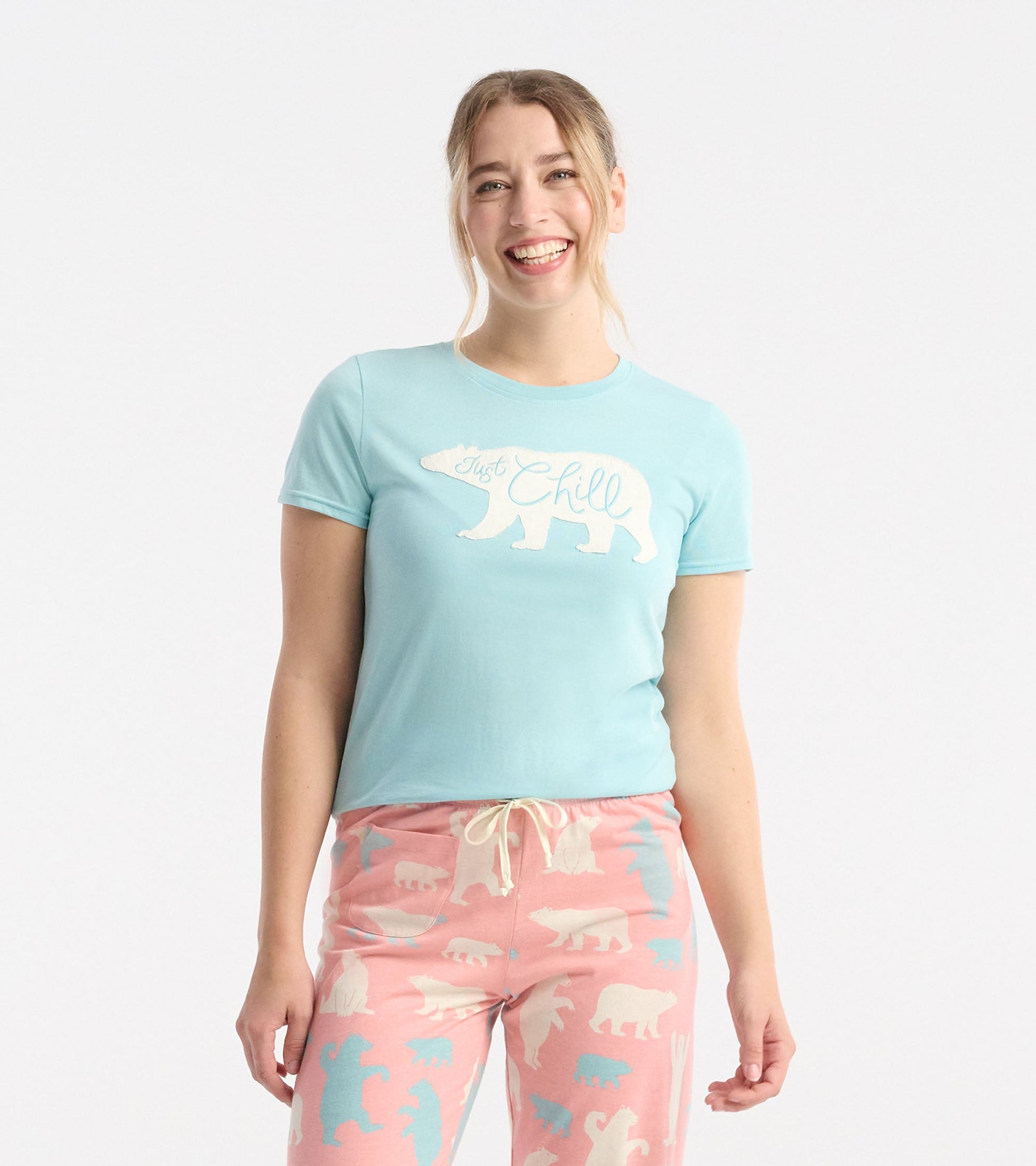 Light blue short-sleeve pajama tee featuring a bear graphic and the text "Just Chill.