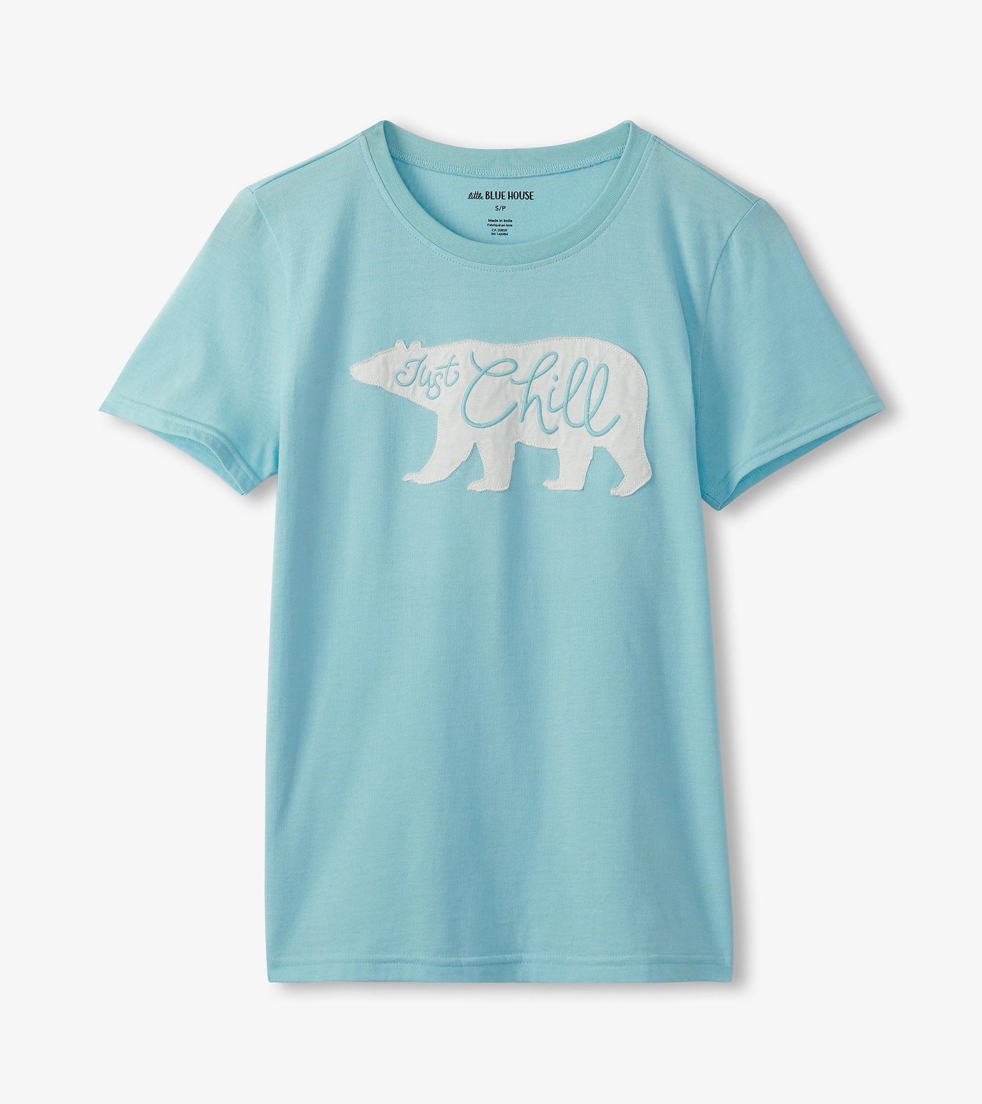 Light blue short-sleeve pajama tee featuring a white bear graphic and the text "Just Chill.