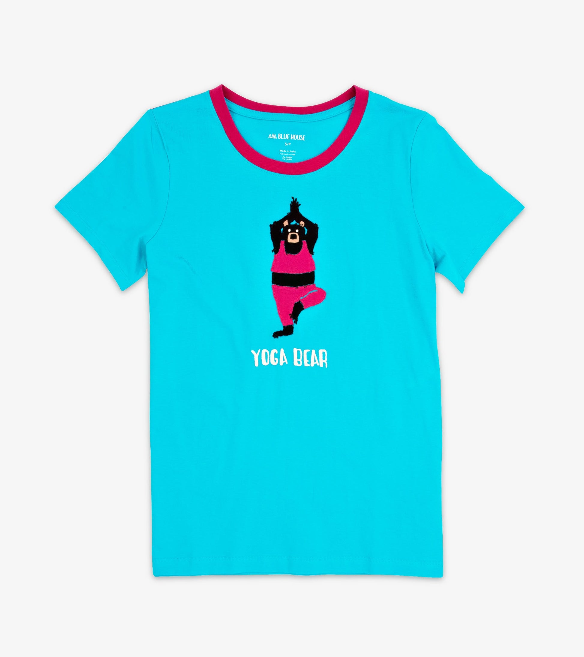 Turquoise short-sleeve pajama t-shirt featuring a bear in a yoga pose and the text "YOGA BEAR" below.