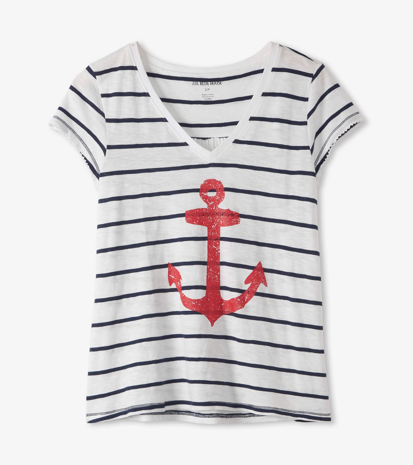 White V-neck tee with navy stripes and a red anchor graphic on the front. Short sleeves with a relaxed fit.