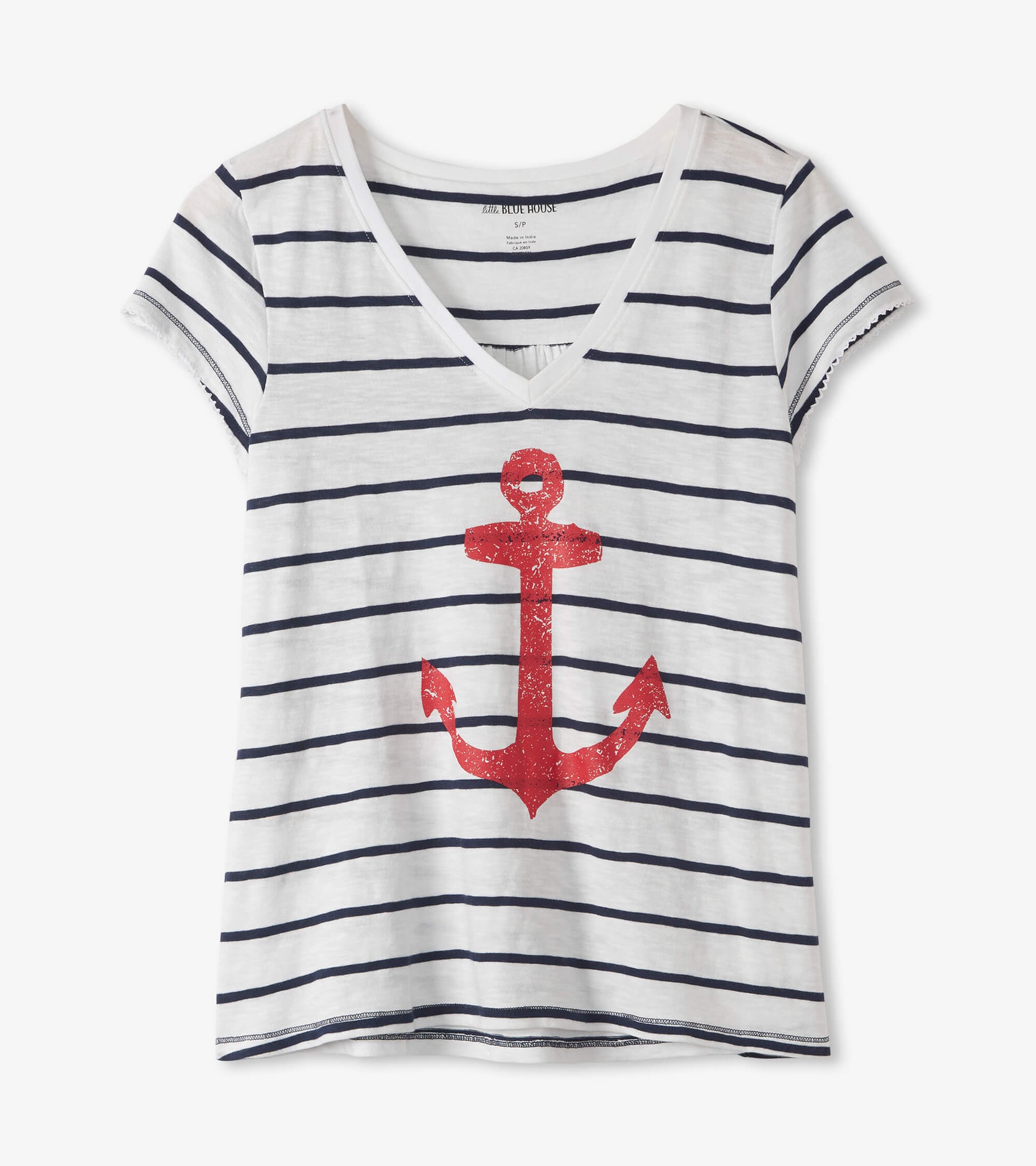 White V-neck tee with navy stripes and a red anchor graphic on the front. Short sleeves with a relaxed fit.