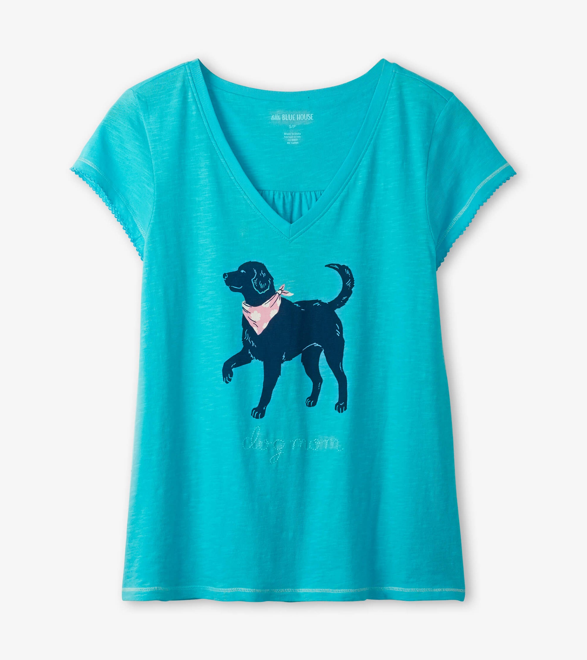 Turquoise V-neck tee featuring a black dog with a pink bandana and the text "dog mom" below the graphic.