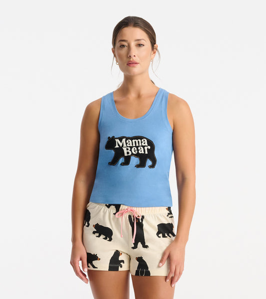 Blue tank top featuring "Mama Bear" graphic, paired with cream shorts adorned with black bear prints.