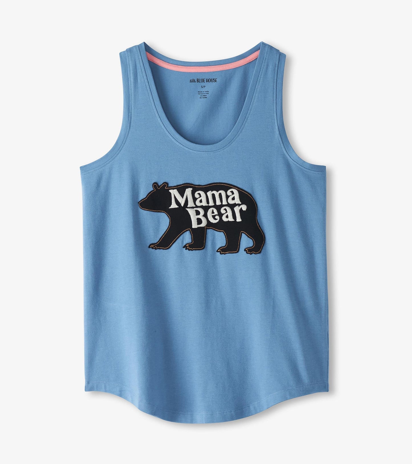 Light blue tank top featuring a black bear graphic with "Mama Bear" text, made from soft, breathable fabric.