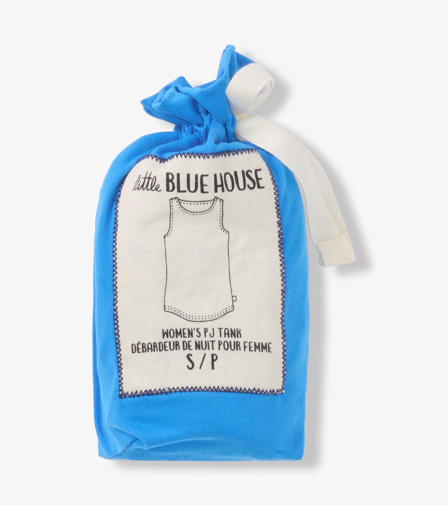 Blue pajama tank top for women, featuring a simple design and soft fabric, tied in a bundle with a white ribbon.