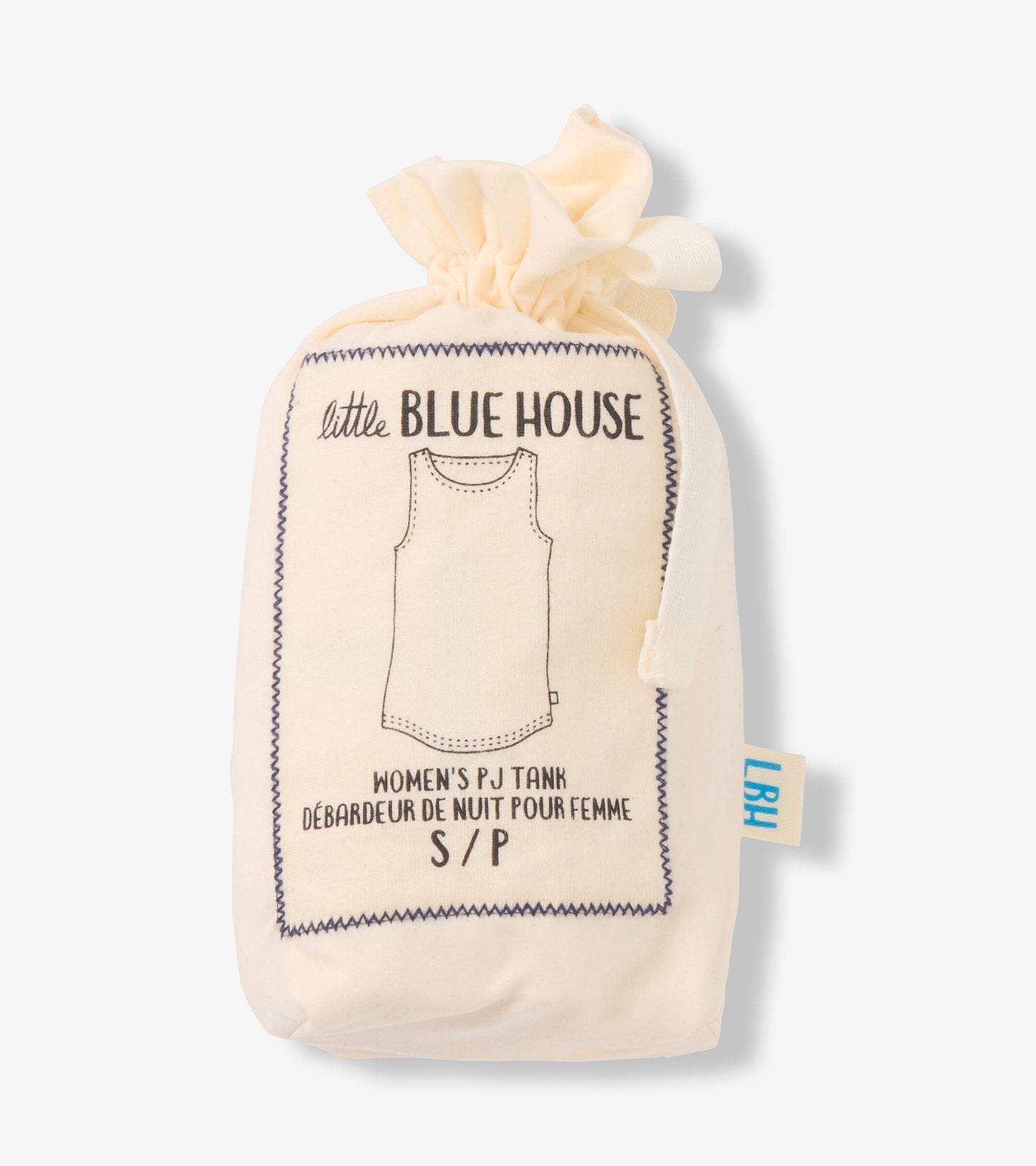 Cream pajama tank top in a soft fabric, featuring a sleeveless design and round neckline, packaged in a drawstring bag.