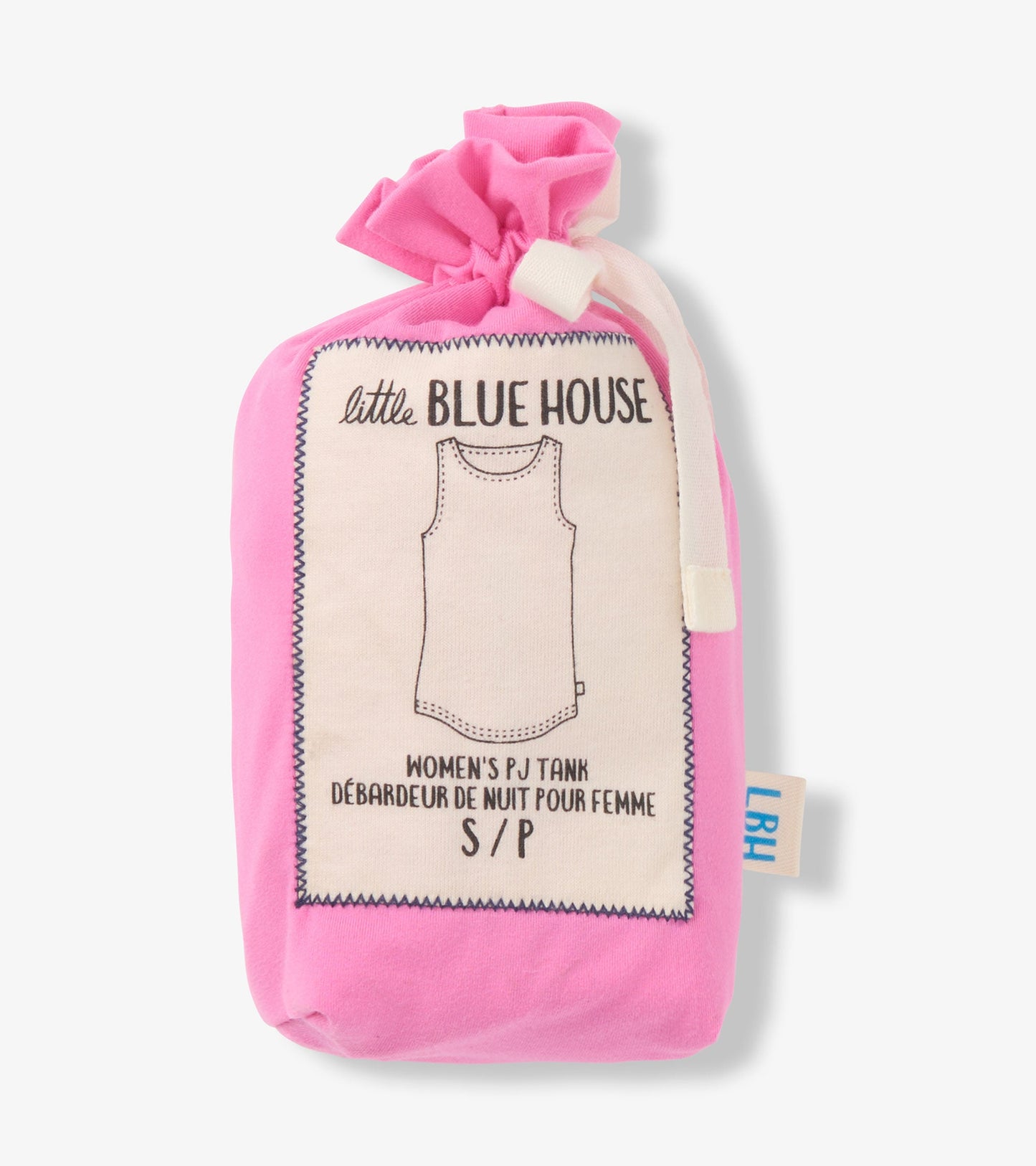 Pink pajama tank top in a soft material, featuring a drawstring pouch for storage. Size options available.