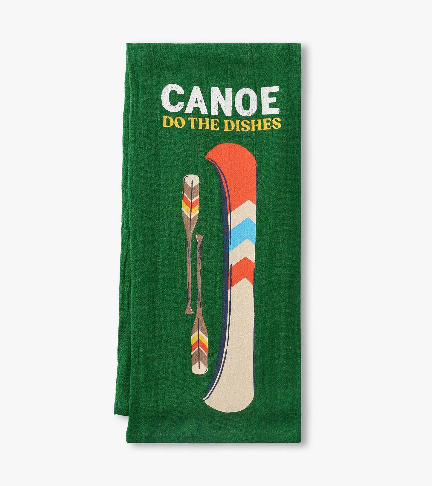 Green tea towel with “Canoe Do The Dishes” text and canoe paddle graphic, folded front view