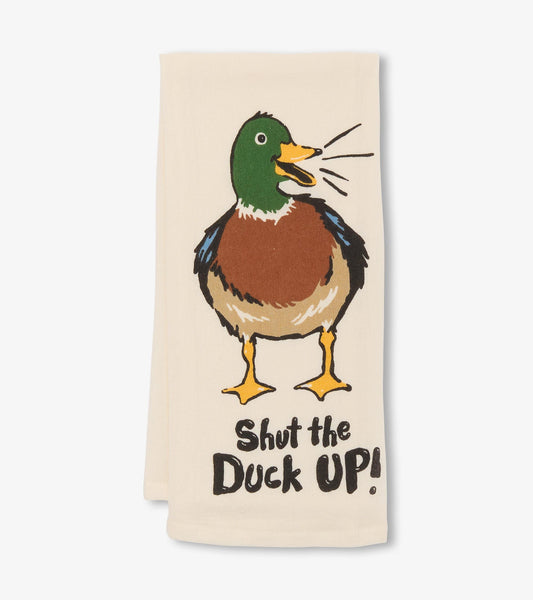 Cream tea towel featuring a colorful duck illustration and the text "Shut the Duck Up!" in bold black letters.