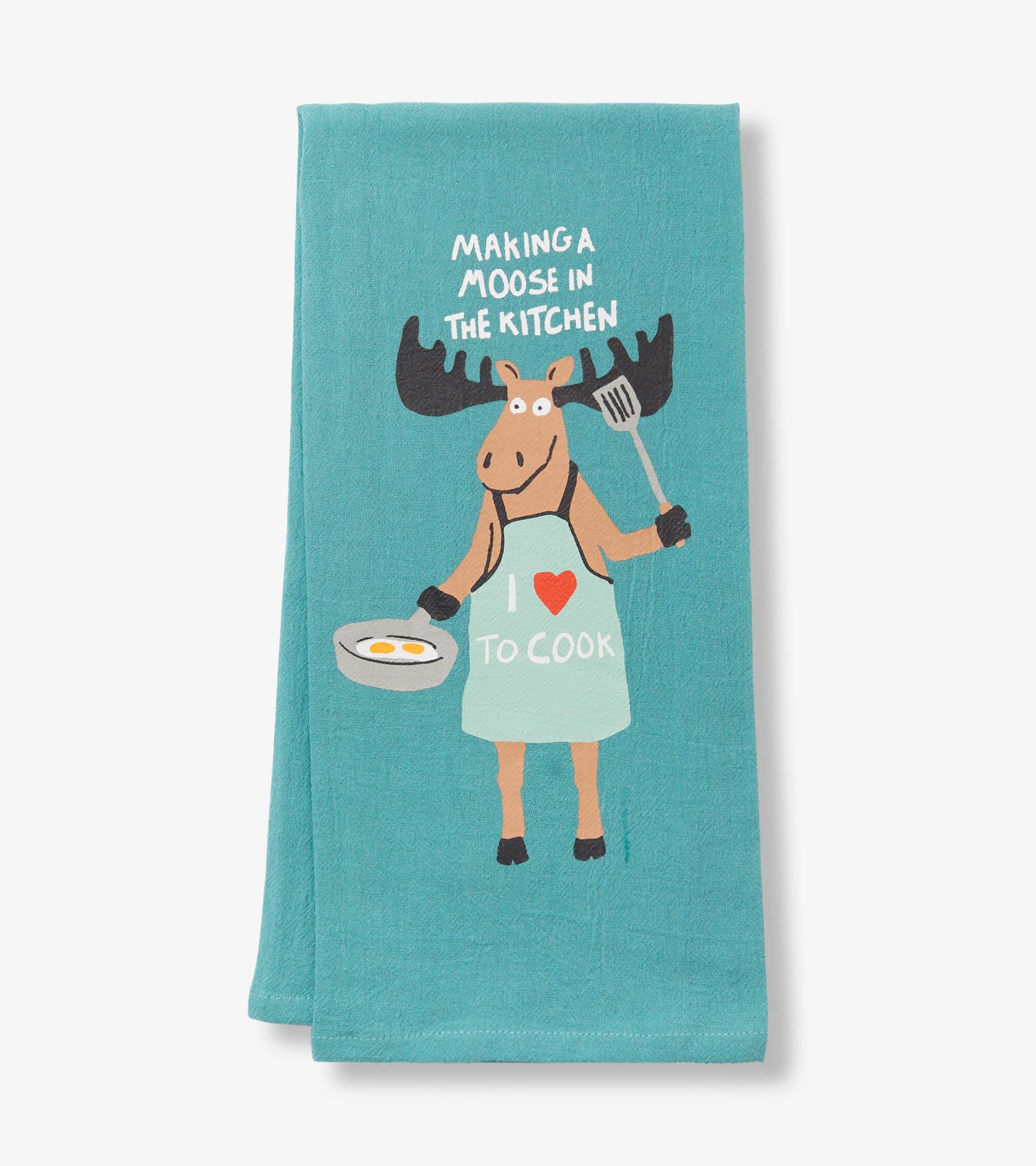 Teal tea towel featuring a cartoon moose in an apron holding a spatula and frying pan with eggs, with playful text above.