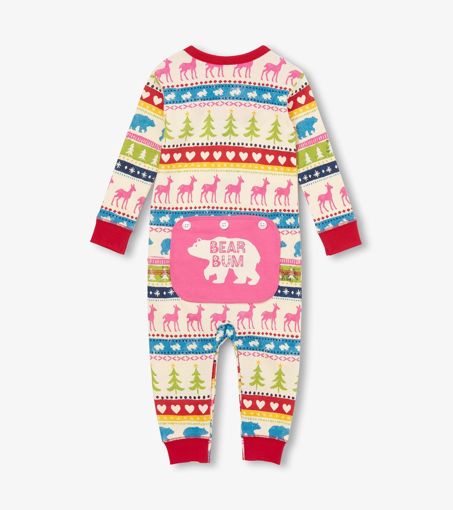 Colorful Fair Isle union suit with animal and tree patterns, featuring a pink bear-shaped patch on the back.
