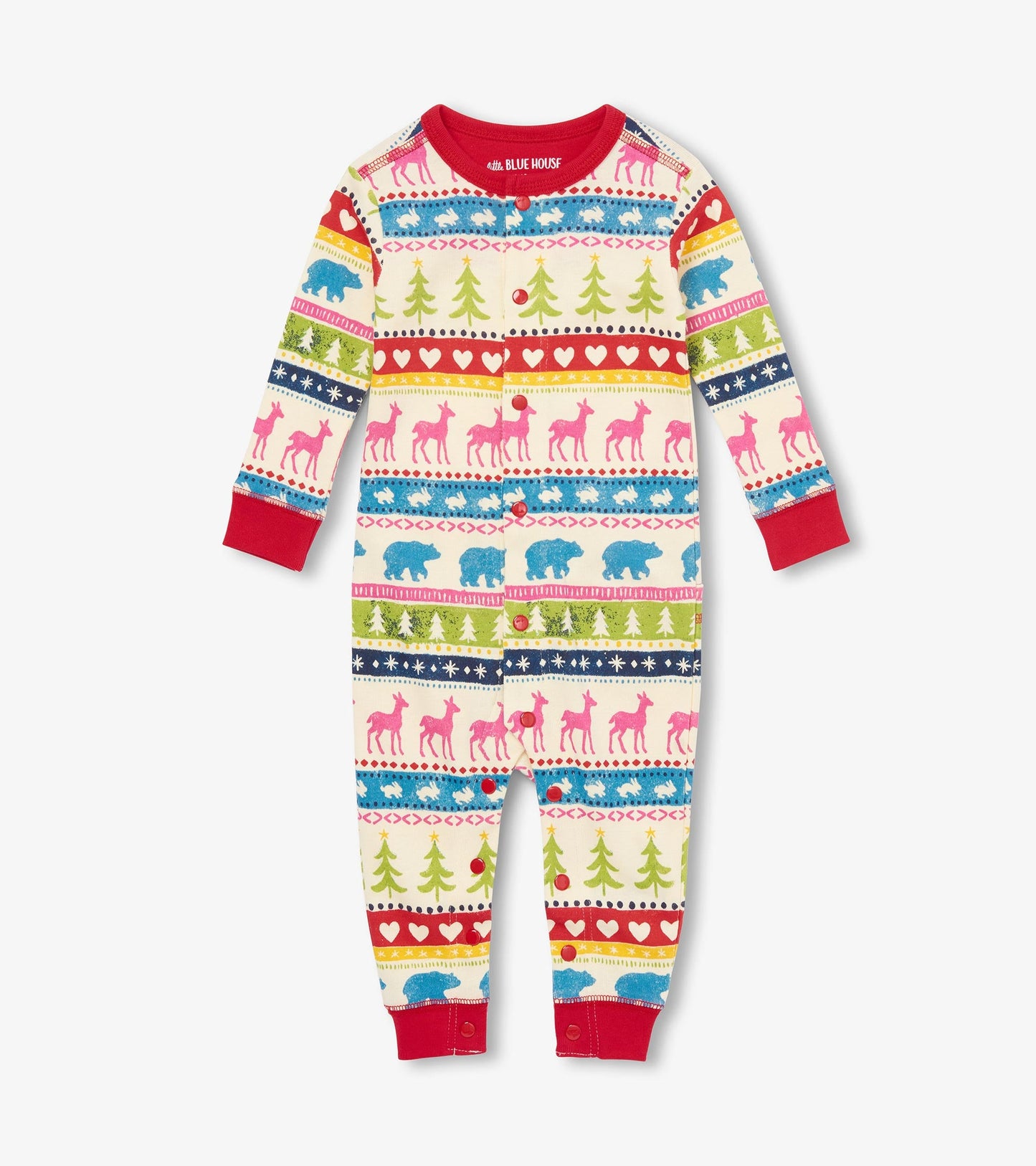 Colorful Fair Isle union suit featuring trees, animals, and hearts, with red accents and snap closures. Suitable for infants.
