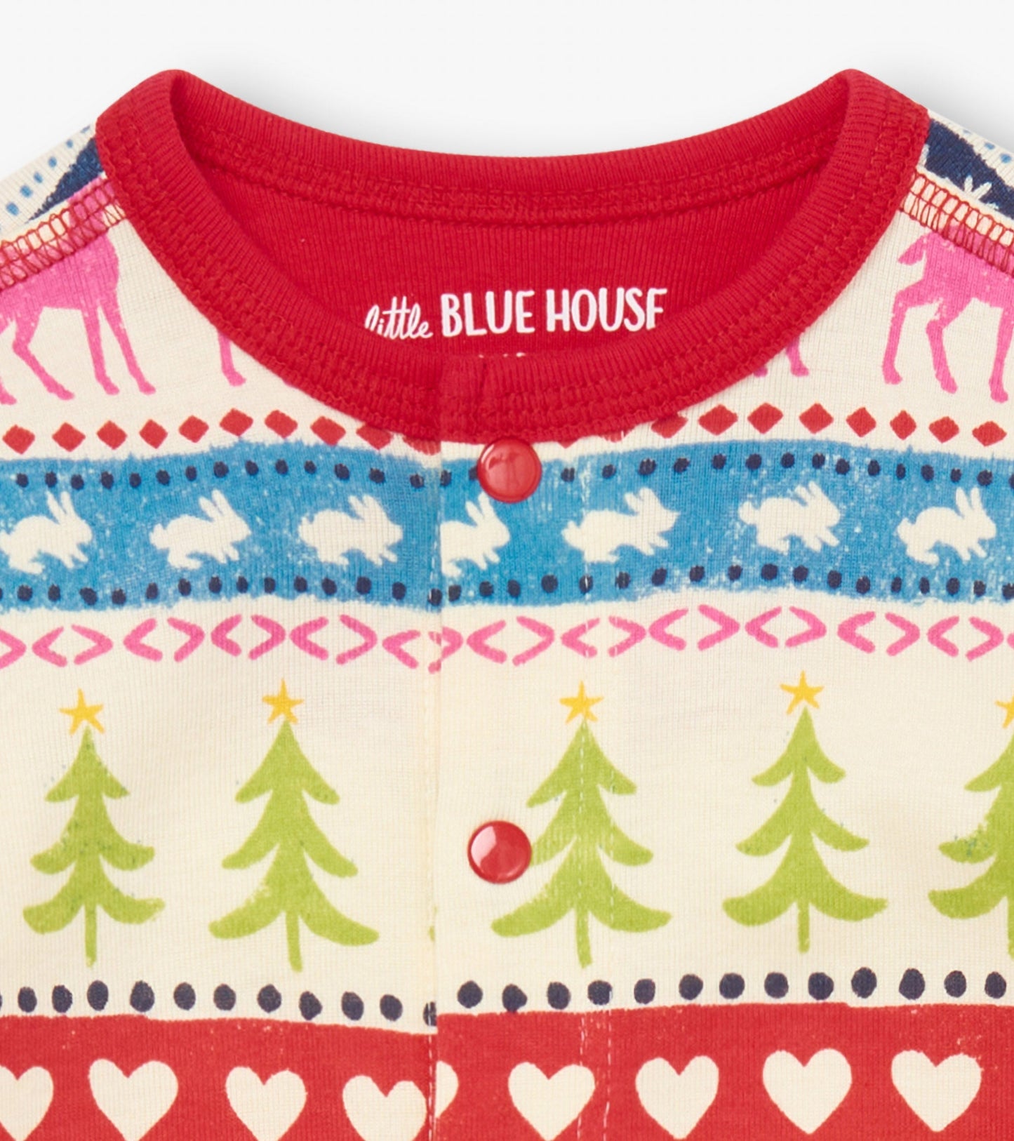 Red and cream Fair Isle union suit featuring festive patterns of trees, hearts, and rabbits, with snap buttons at the front.