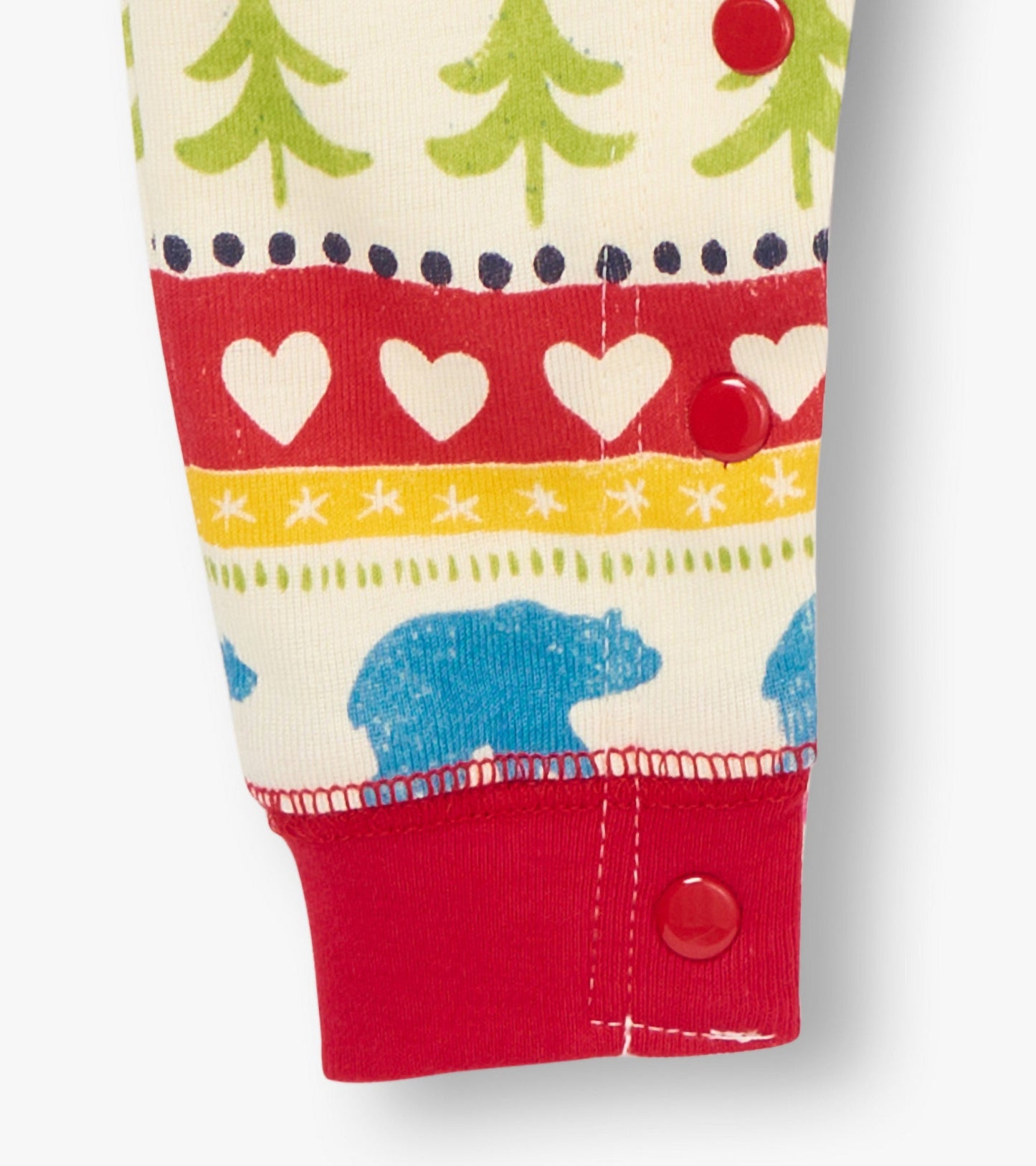 Fair Isle union suit featuring colorful patterns of trees, hearts, and bears, with red snap buttons at the cuffs.