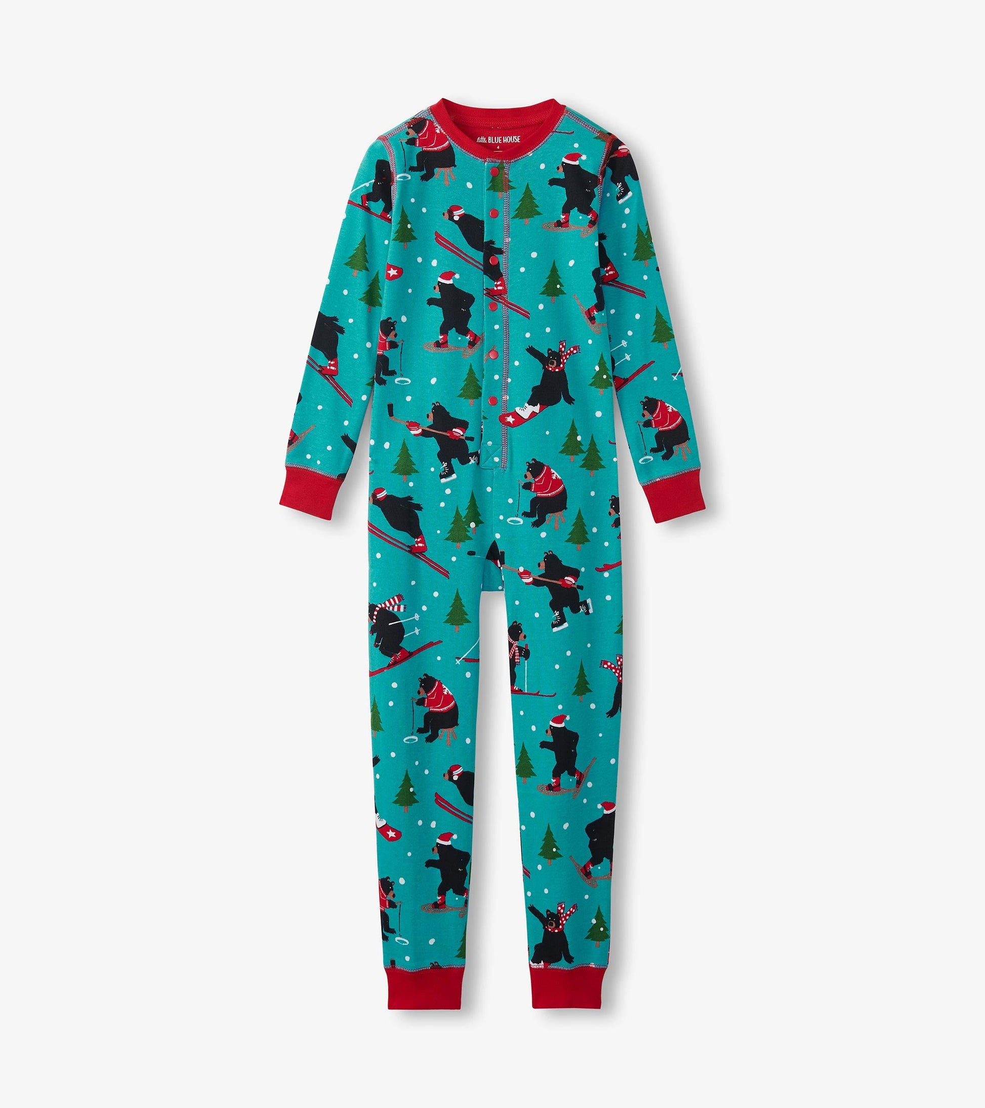 Turquoise onesie featuring playful bear skiing and holiday patterns, with red cuffs and collar. Ideal for winter wear.