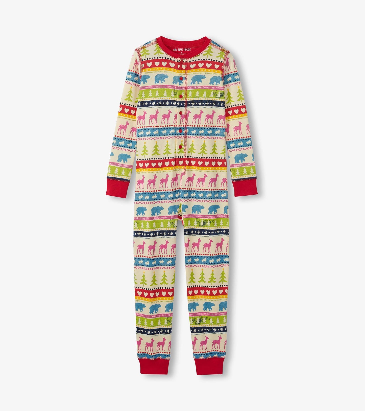 Cream onesie featuring a colorful Fair Isle pattern with animals and trees, red cuffs, and a round neckline.