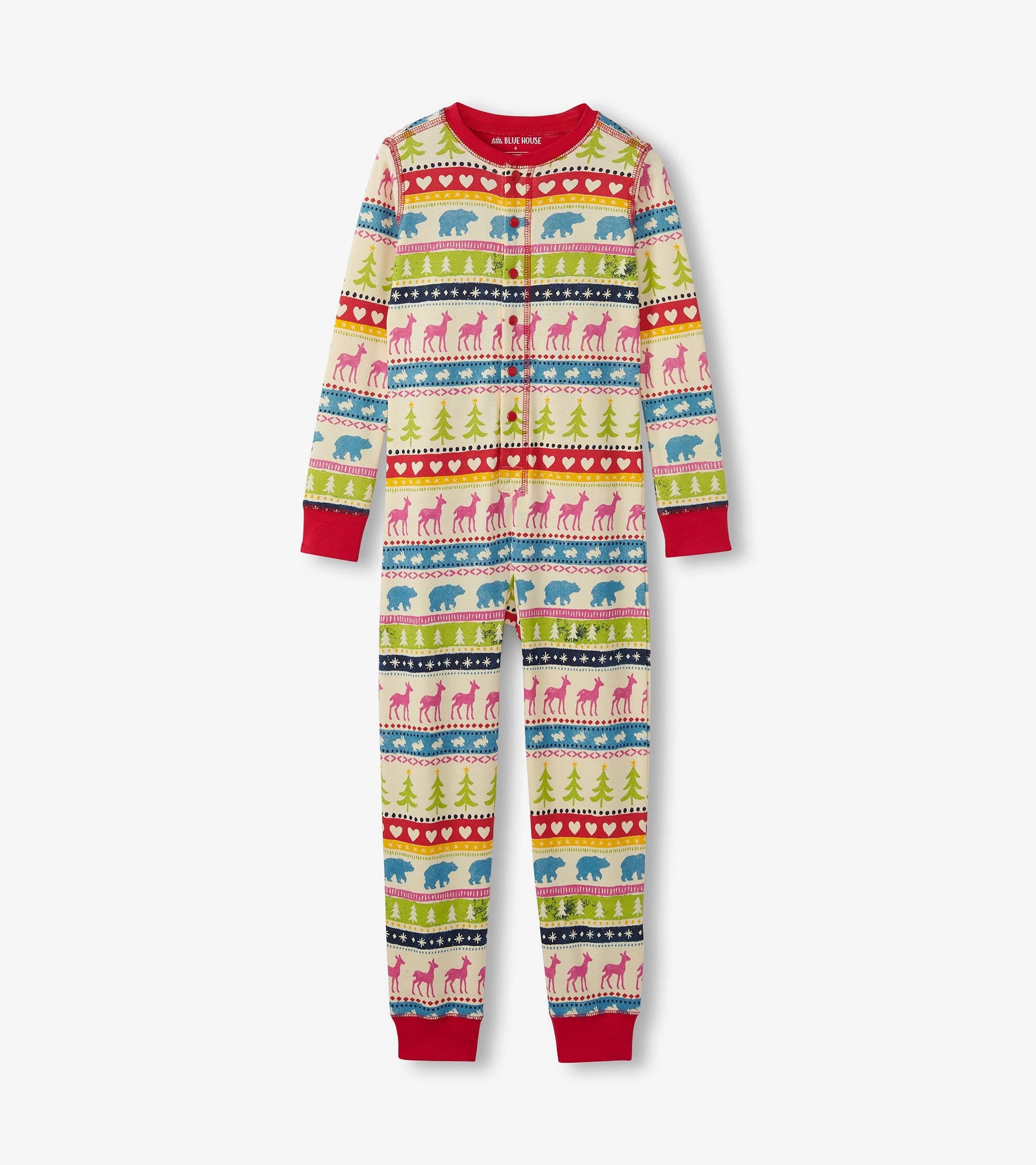 Cream onesie featuring a colorful Fair Isle pattern with animals and trees, red cuffs, and a round neckline.