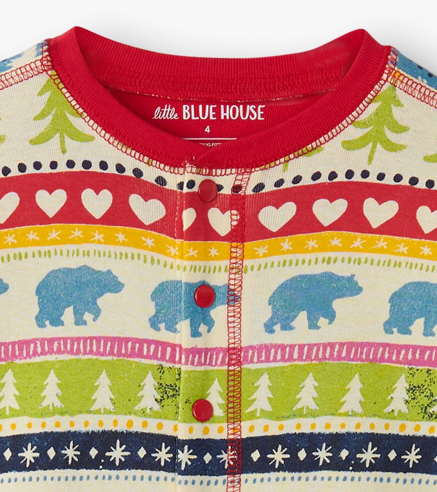 Cream onesie featuring a colorful Fair Isle pattern with bears, hearts, and trees, finished with red buttons and trim.