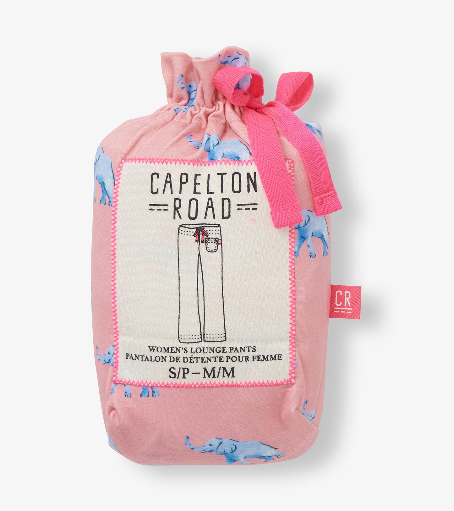 Pink pajama pants bag featuring blue elephant patterns, with a drawstring closure and size label.