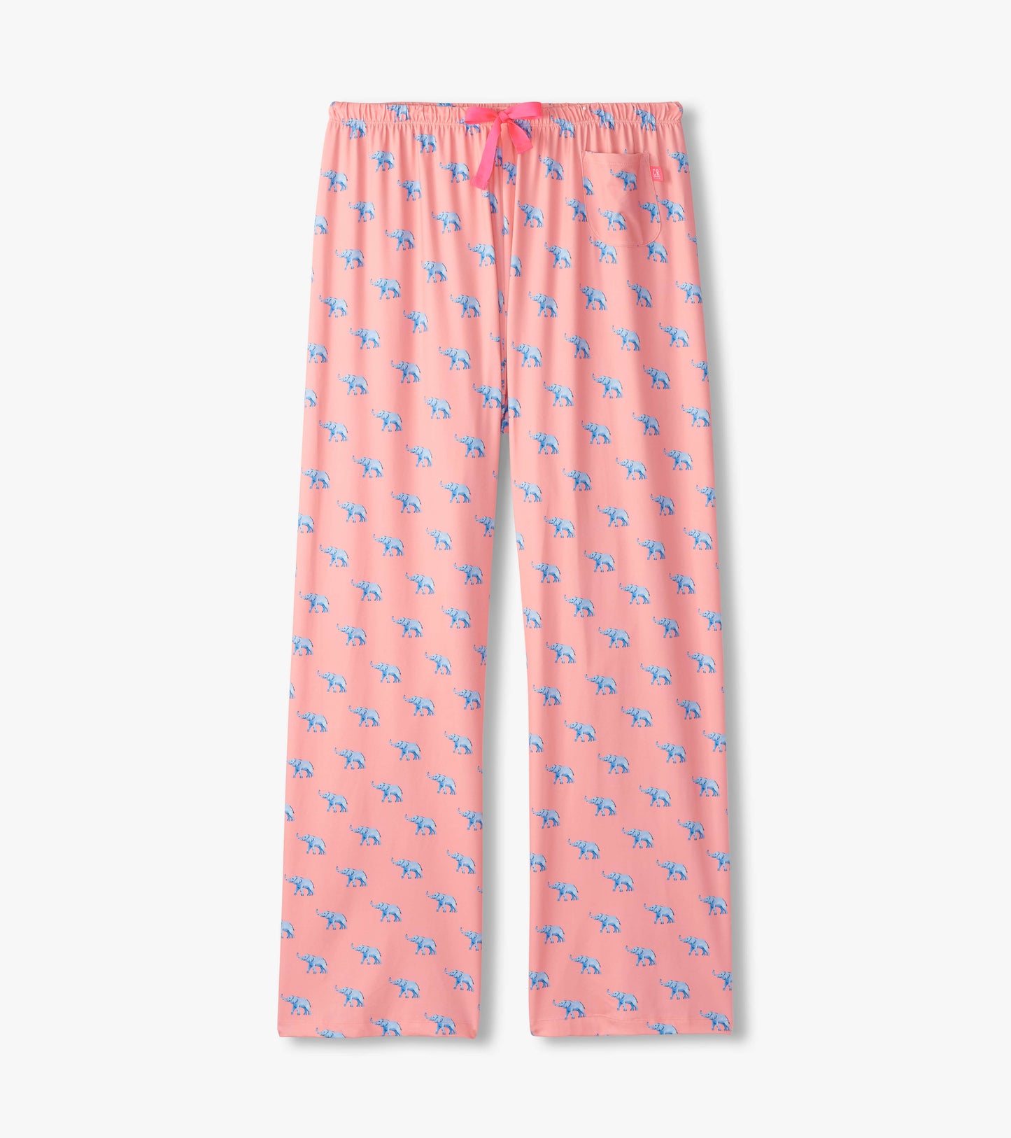 Pink pajama pants featuring a playful elephant pattern, made from soft polyknit material with an elastic waistband.