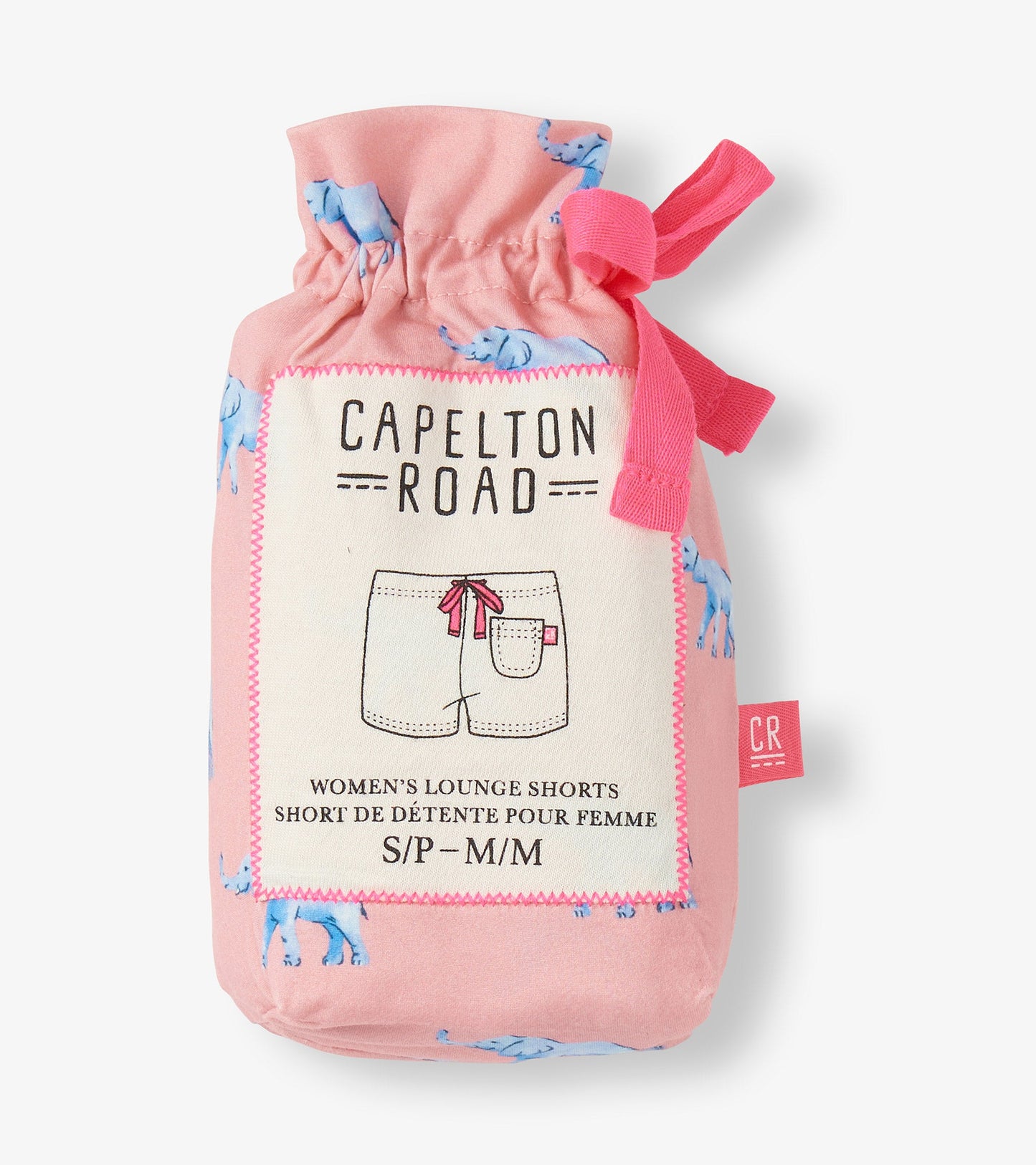 Pink pajama shorts featuring a playful elephant pattern, packaged in a drawstring bag for easy storage.