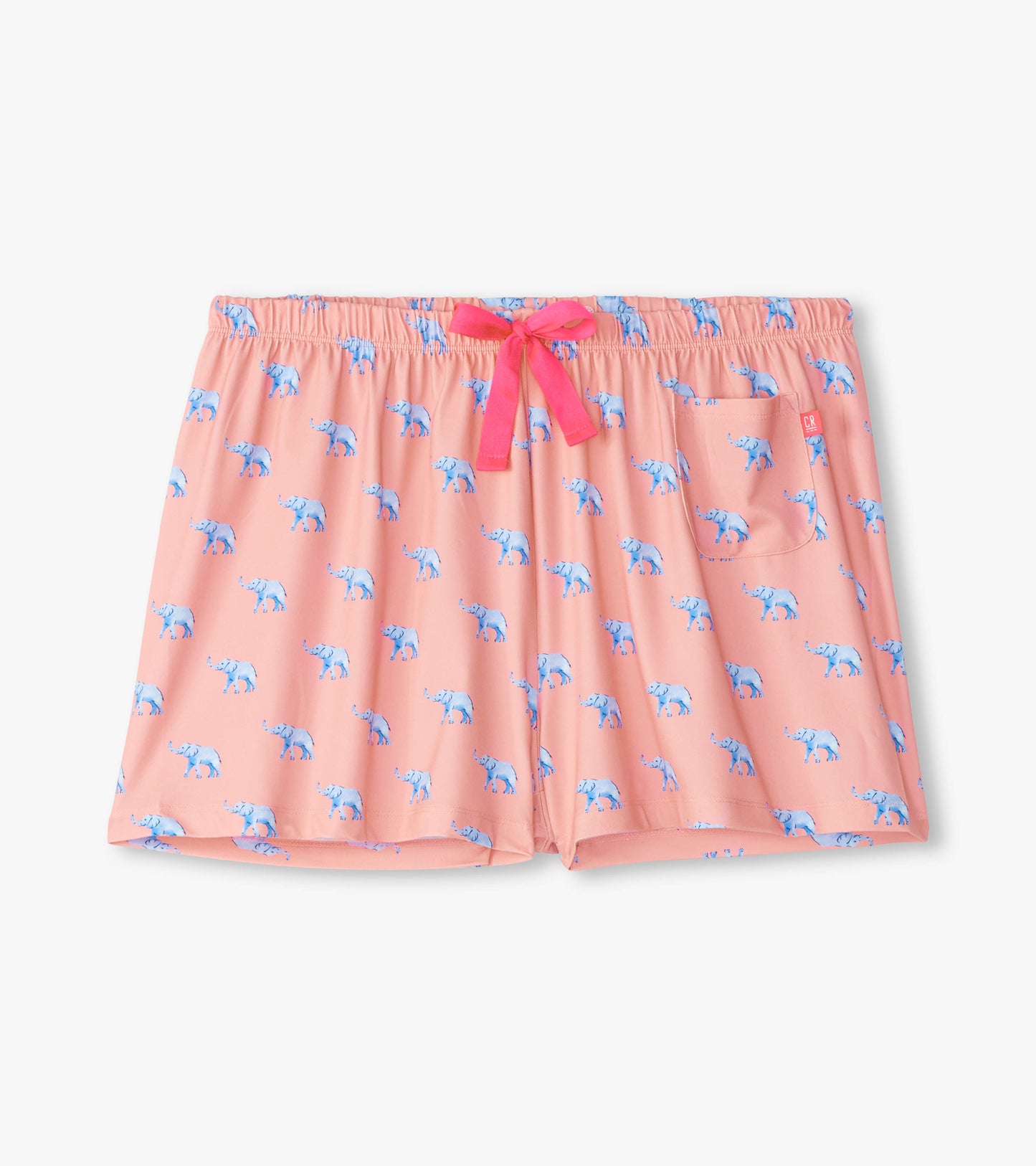 Pink pajama shorts featuring a playful elephant print, elastic waistband, and a front pocket.