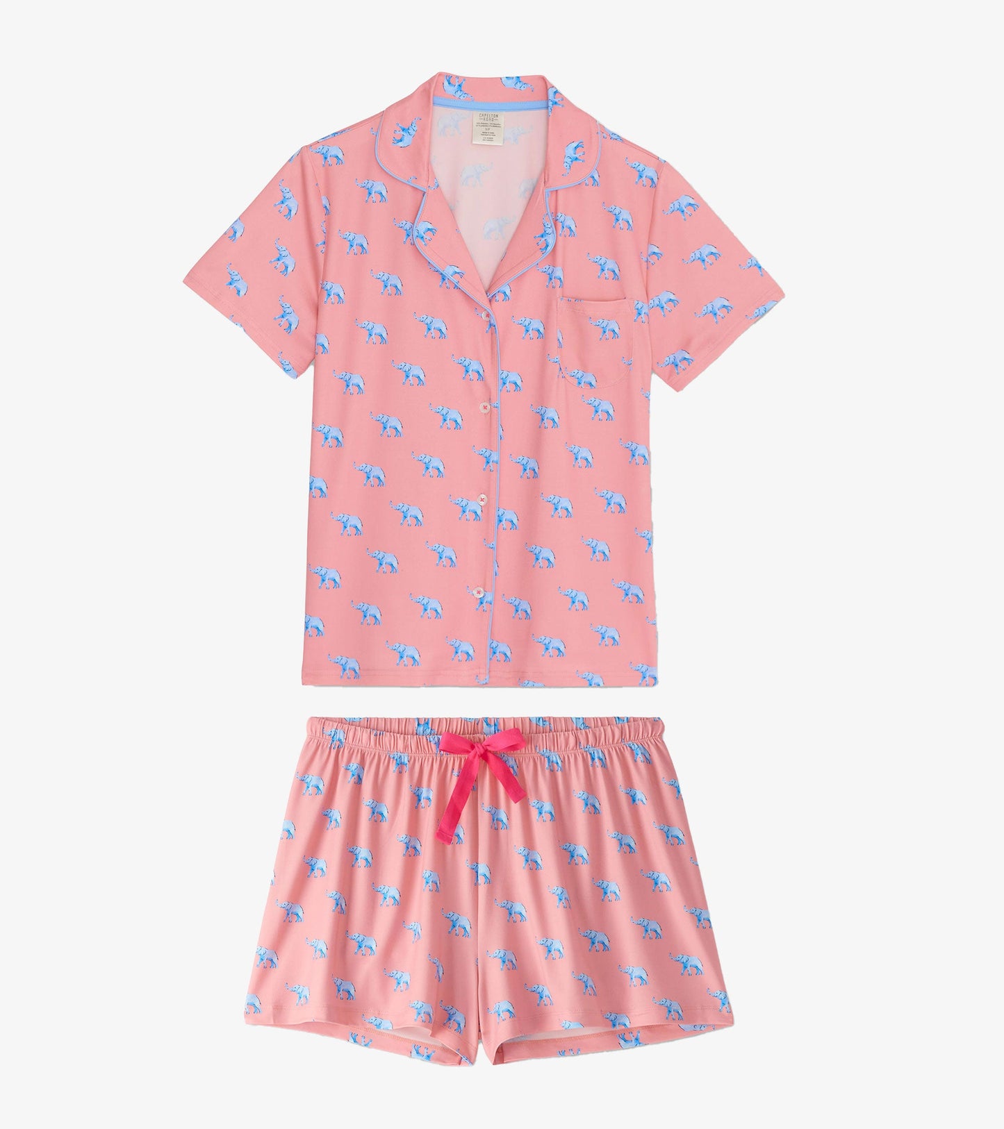 Short-sleeve pink pajama set featuring blue elephant print, includes a button-up top and matching shorts with a drawstring.