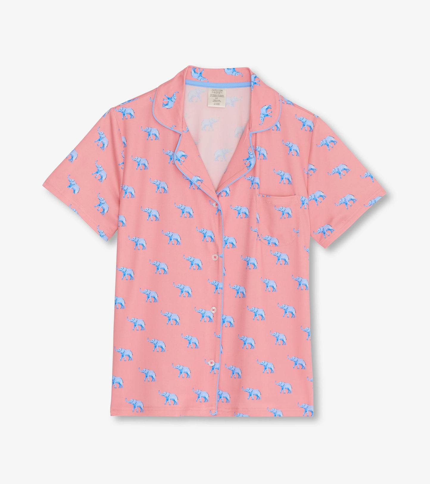 Short-sleeve pajama top in pink with a playful blue elephant pattern and a chest pocket.