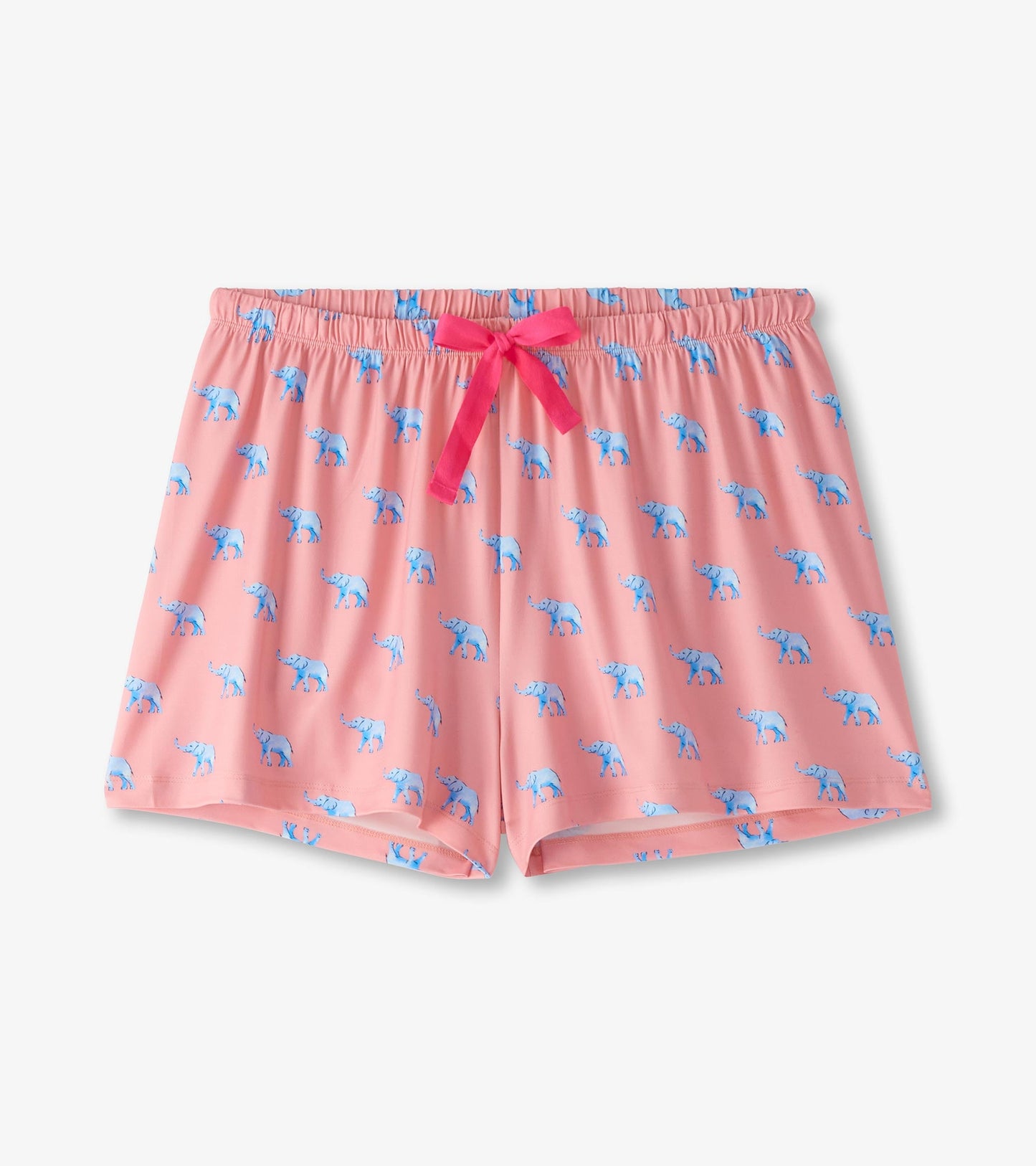 Pink pajama shorts featuring a playful elephant pattern and a contrasting pink drawstring.