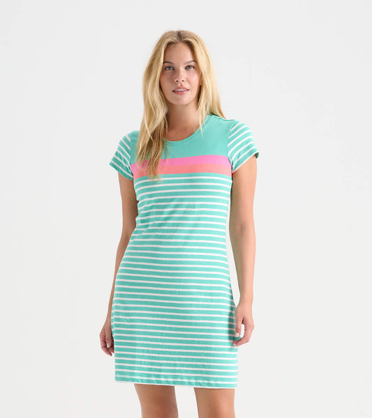 Turquoise striped crew neck t-shirt dress with short sleeves and a pink accent across the chest, suitable for casual wear.