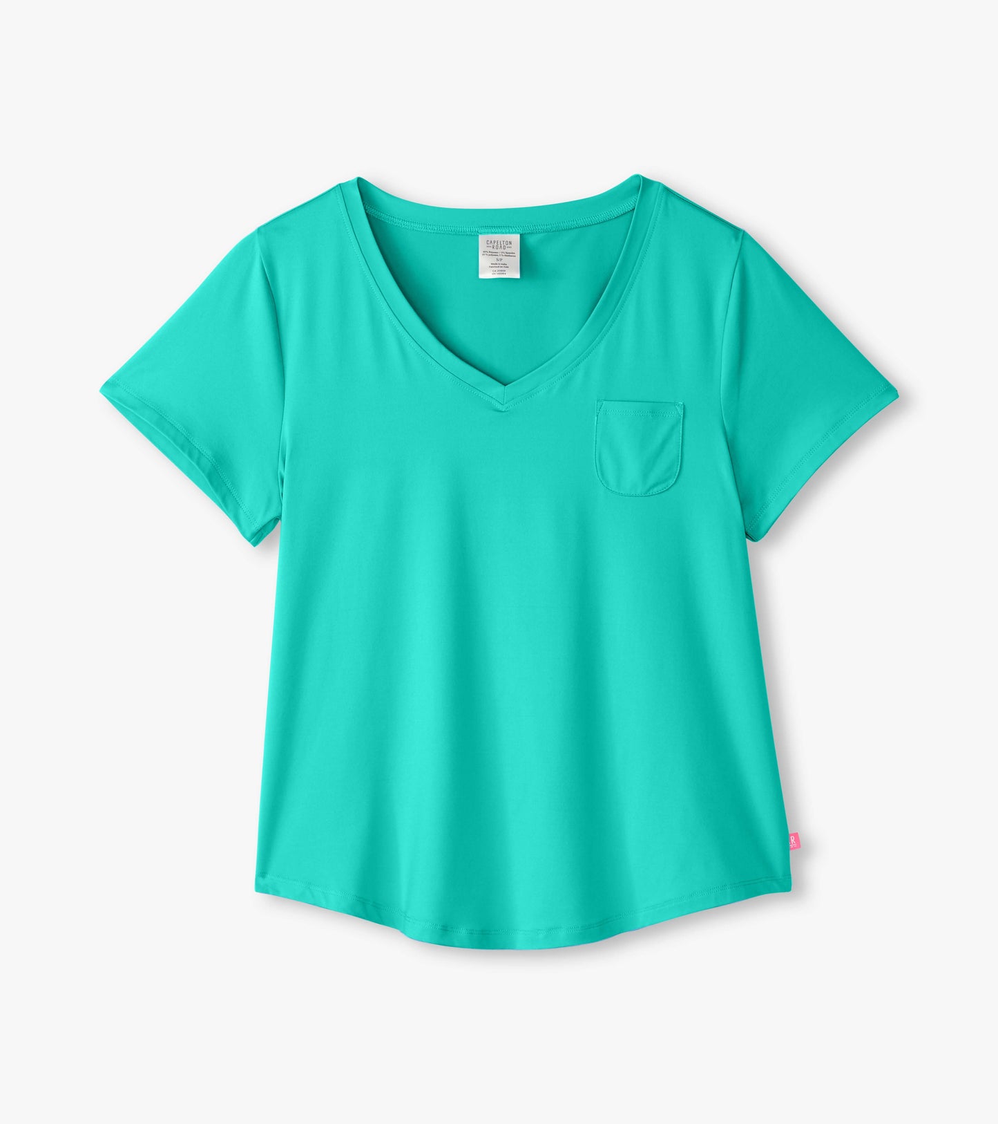 Turquoise V-neck T-shirt with short sleeves and a chest pocket, made from soft polyknit fabric.