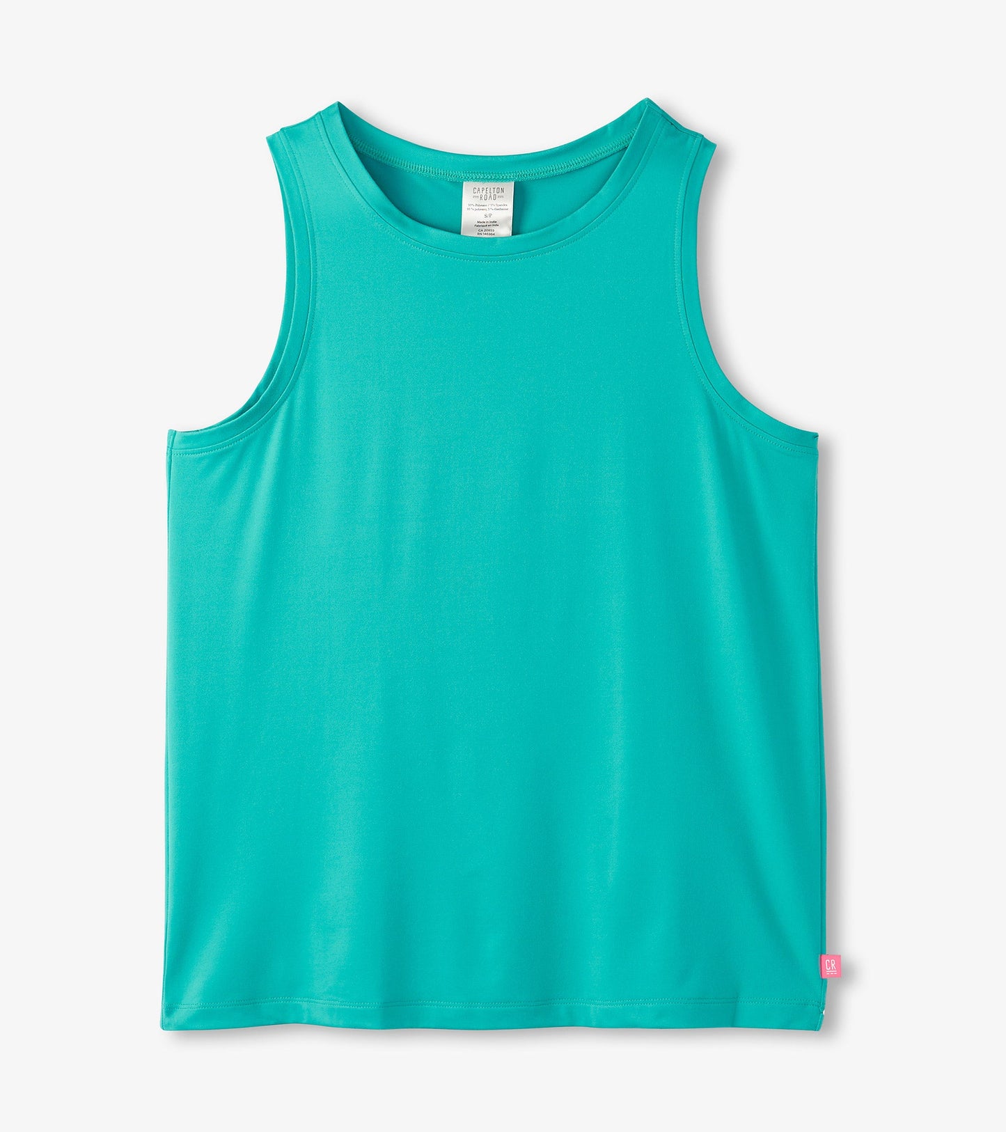 Turquoise scoop neck tank top made of soft polyknit fabric, featuring a relaxed fit and sleeveless design.