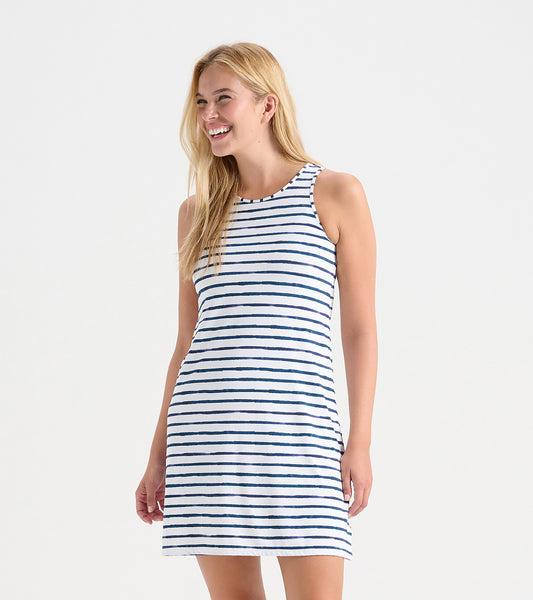 Sleeveless summer dress featuring a white fabric with navy watercolor stripes, designed for a relaxed fit.