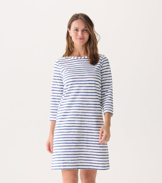 Women's summer dress featuring watercolor stripes in blue and white, with a relaxed fit and 3/4 sleeves.