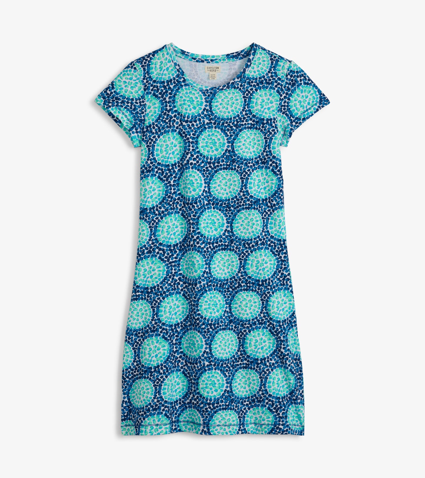 Short-sleeve crew neck t-shirt dress featuring a blue and teal circular pattern on a navy background.