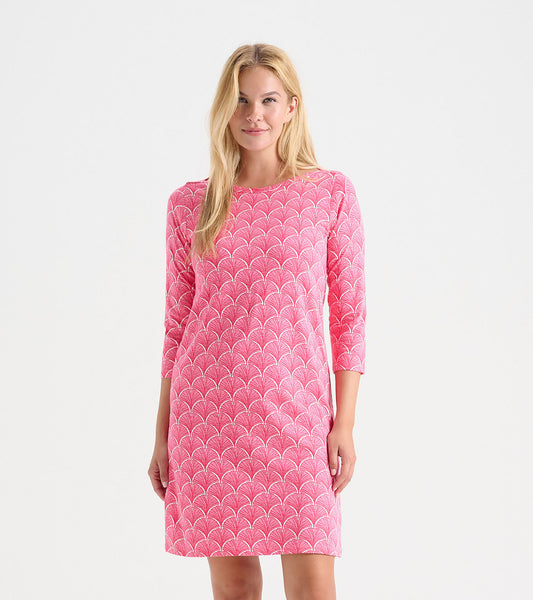 Coral dress with 3/4 sleeves featuring a fan pattern, perfect for summer wear.