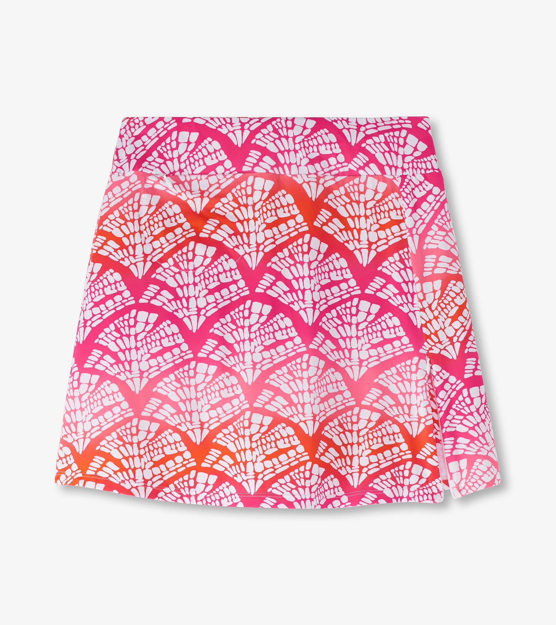 Pink and orange skort featuring a vibrant fan pattern, ideal for casual wear.