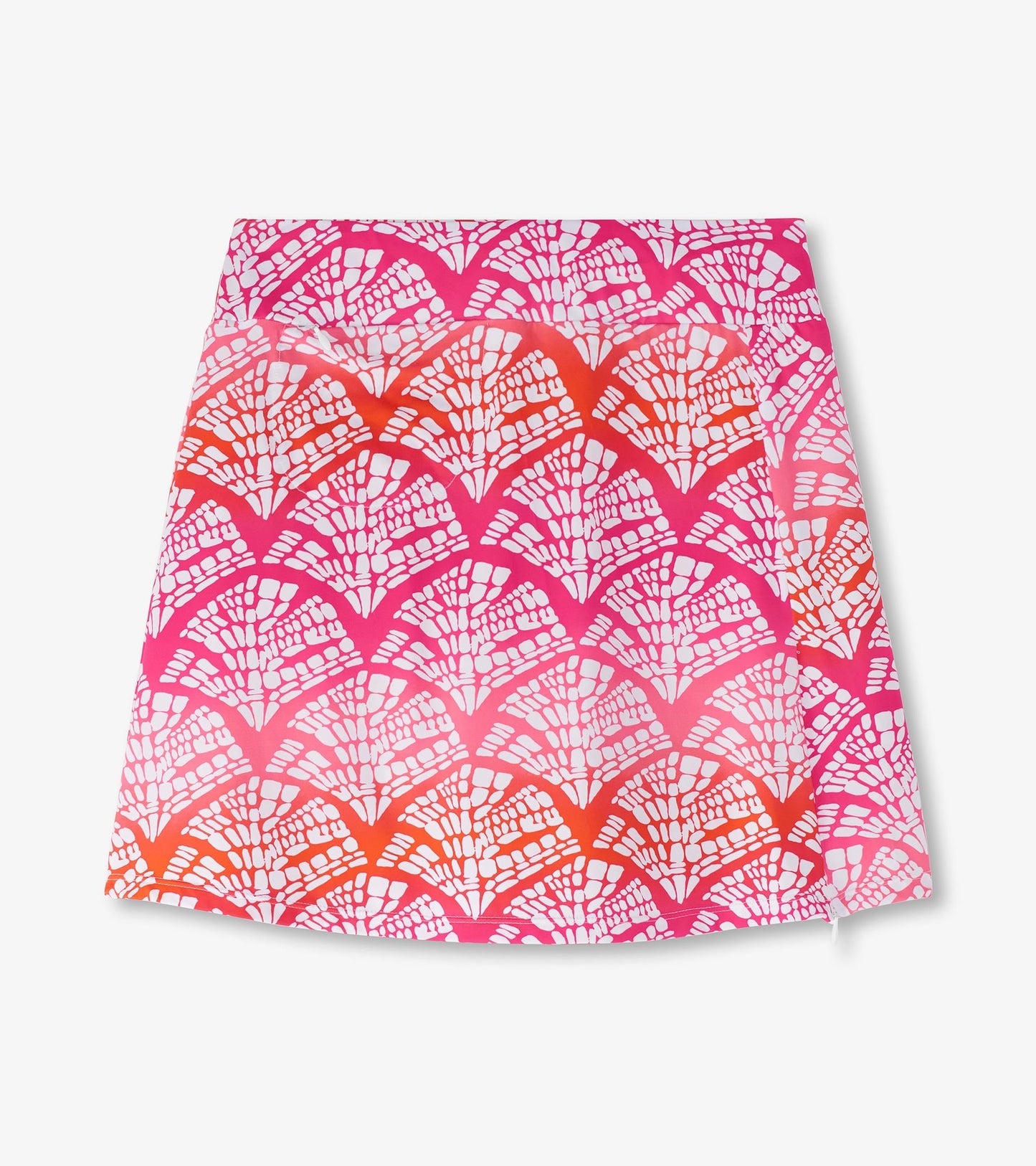 Pink skort featuring a vibrant fan pattern in shades of pink and orange, suitable for casual wear.