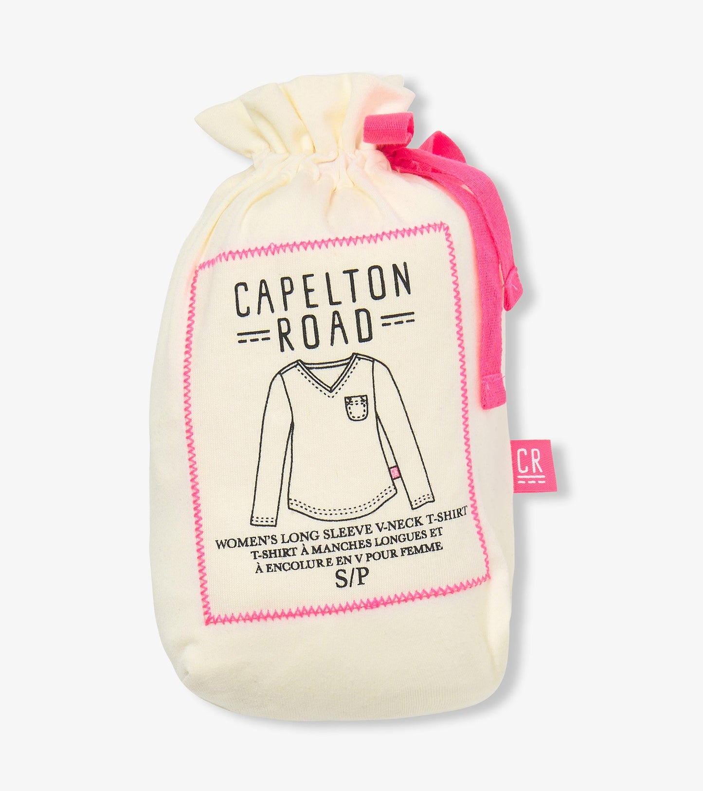 Cream drawstring bag featuring a graphic of a women's long sleeve V-neck T-shirt with a pocket design.