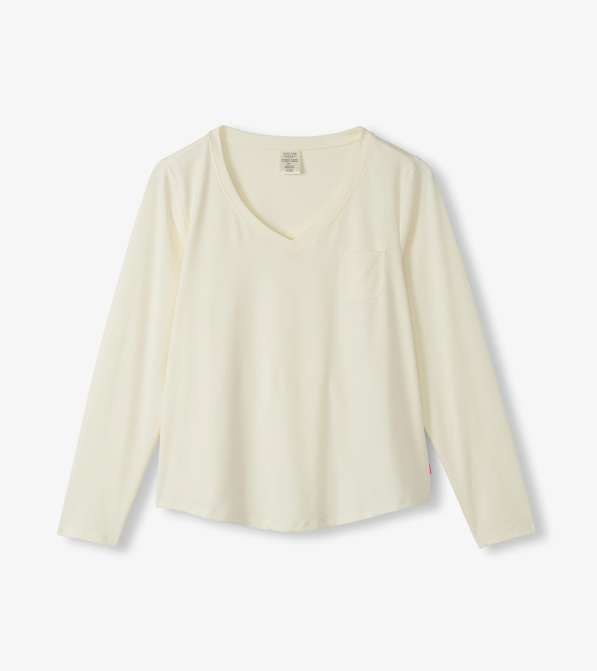 Light yellow long sleeve T-shirt with a V-neck and a small pocket on the front, made from soft polyknit fabric.