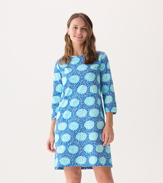 Blue 3/4 sleeve summer dress featuring a circular pattern, perfect for casual outings.