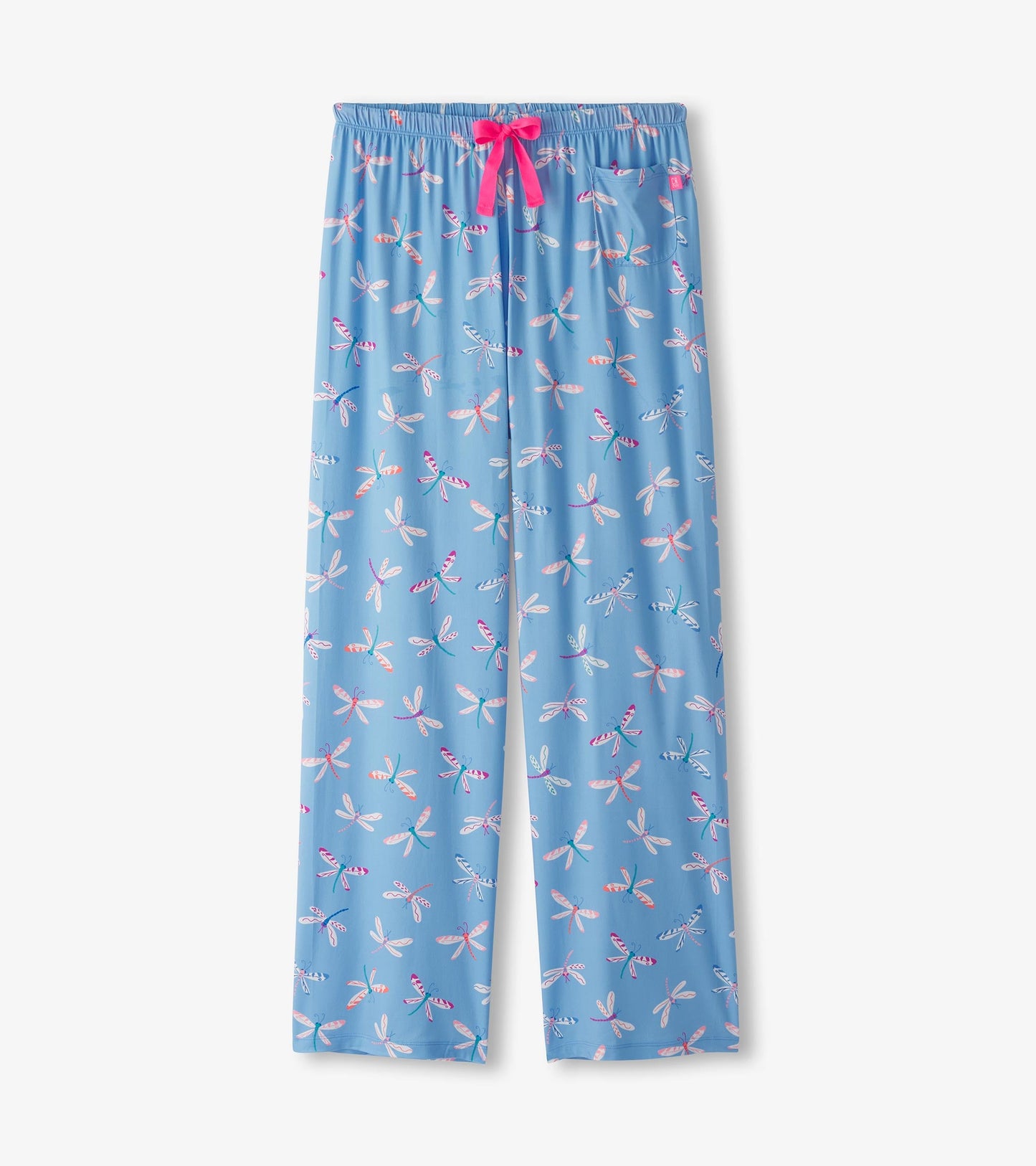 Light blue pajama pants featuring a colorful dragonfly pattern and a pink drawstring at the waist.