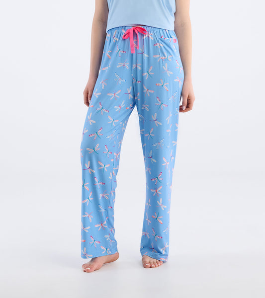 Light blue pajama pants featuring a colorful dragonfly pattern and a pink drawstring, perfect for lounging or sleeping.