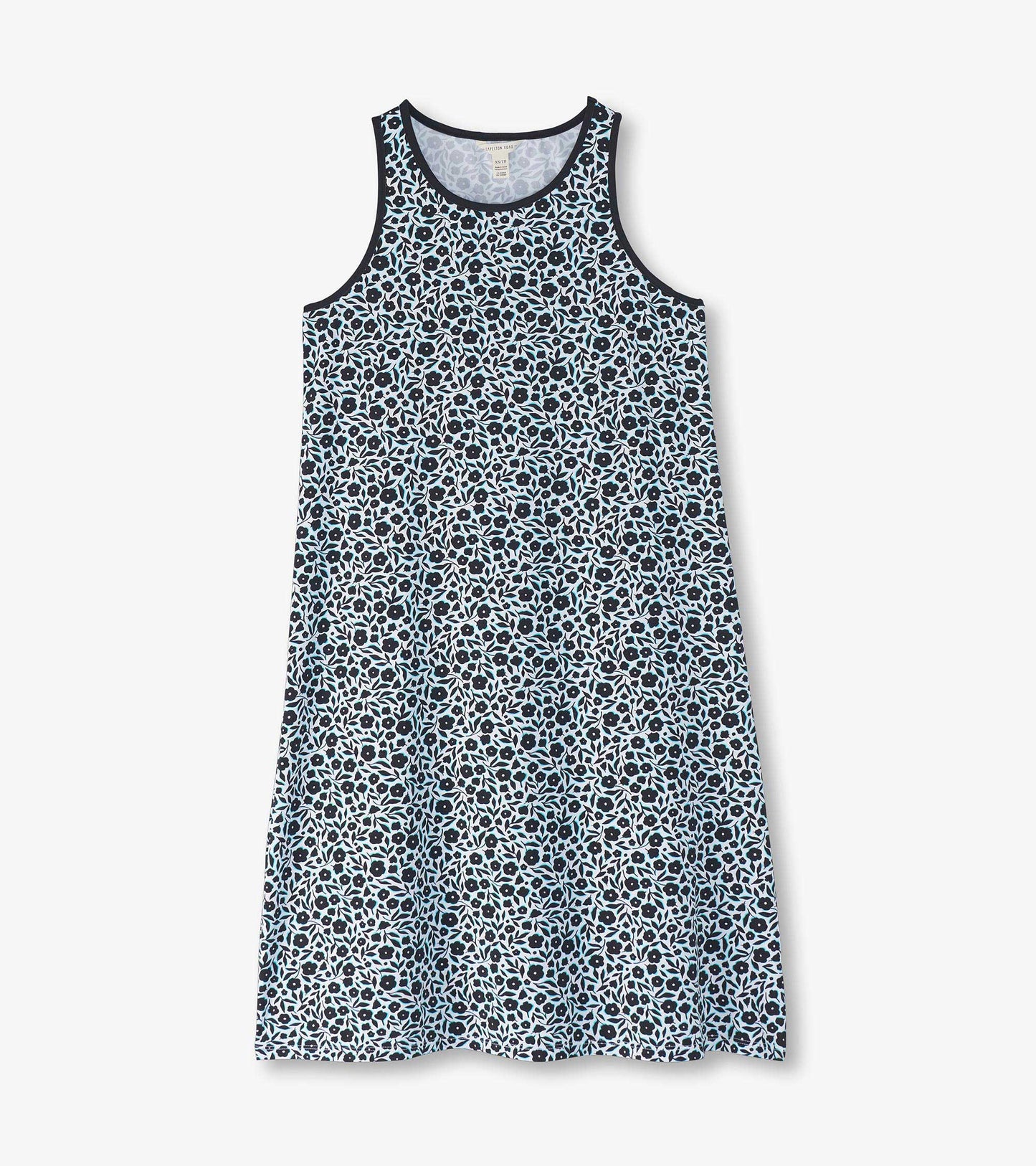 Light blue and black floral print mini summer dress with a sleeveless design and round neckline.