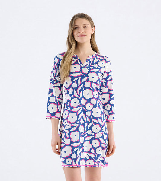 Notch neck dress featuring a vibrant floral pattern in blue, white, and pink, with three-quarter sleeves.