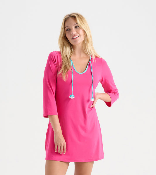 Bright pink beach dress with a V-neck and blue drawstrings, featuring three-quarter sleeves and a relaxed fit.