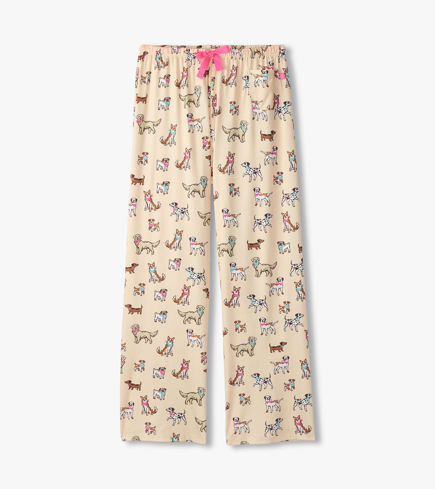Beige pajama pants with a playful dog print, featuring an elastic waistband and pink drawstring.