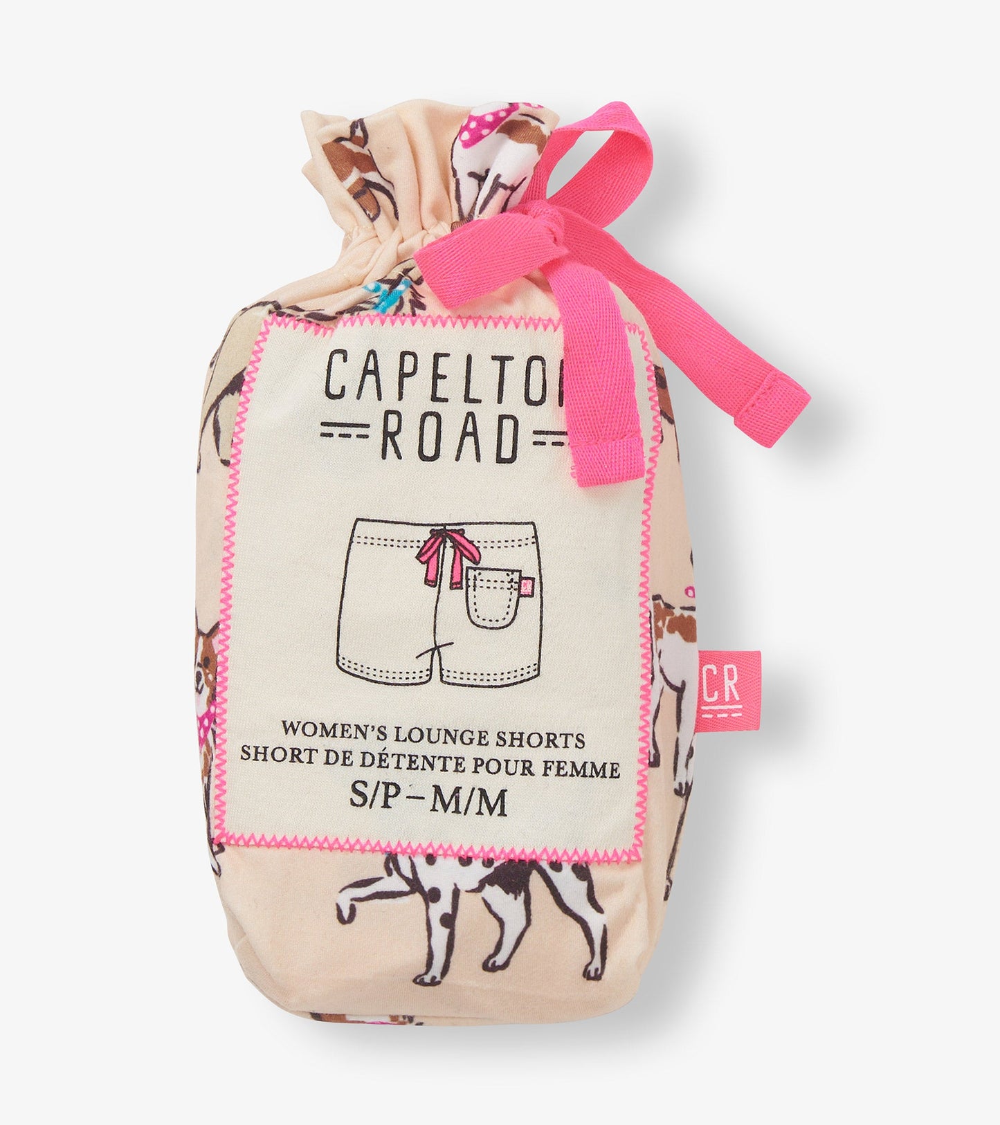 Light pink pajama shorts featuring a cute dog print, made from soft polyknit material, with a drawstring waist.